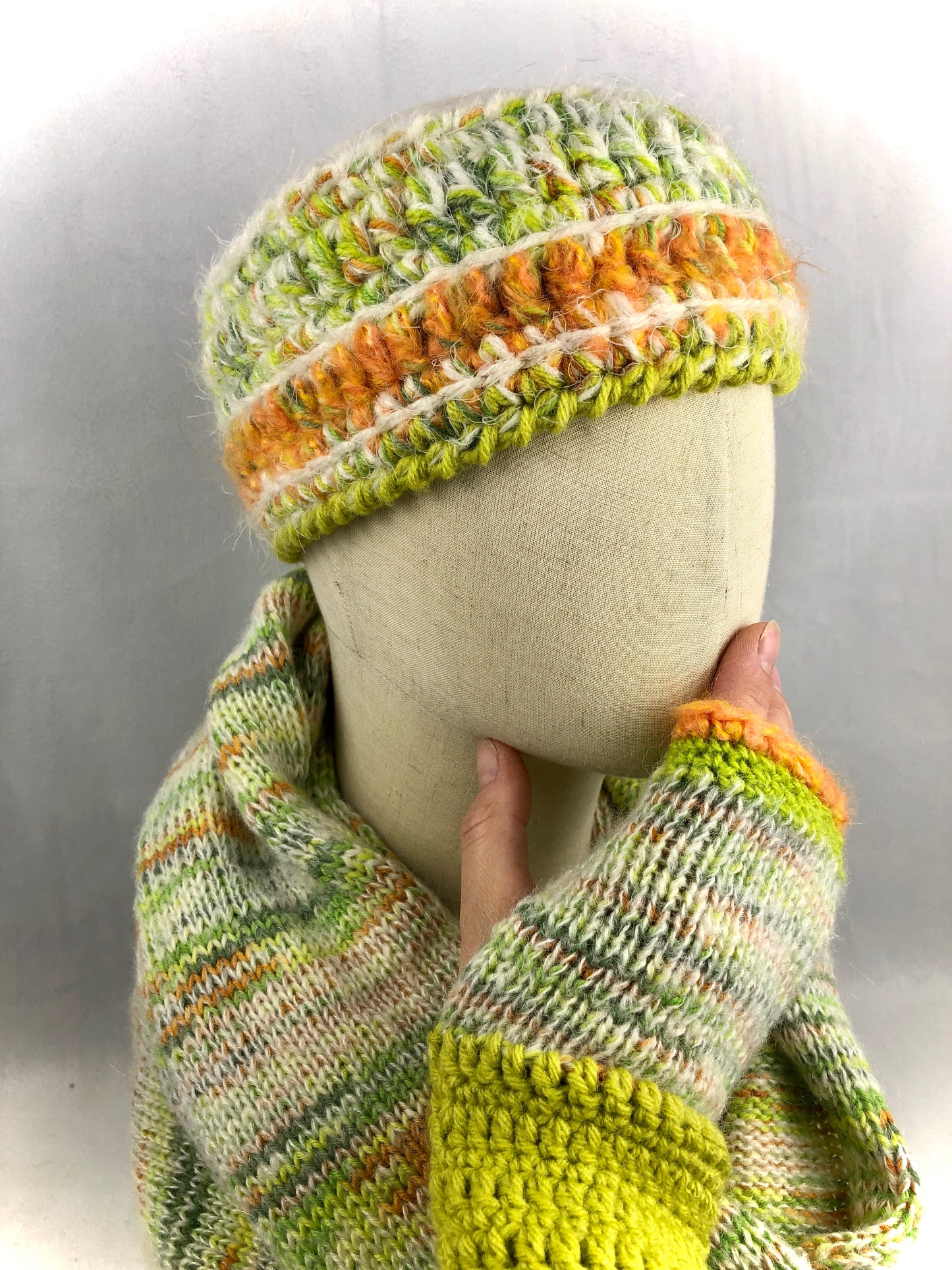 Lime orange wool headband and wrist warmers set