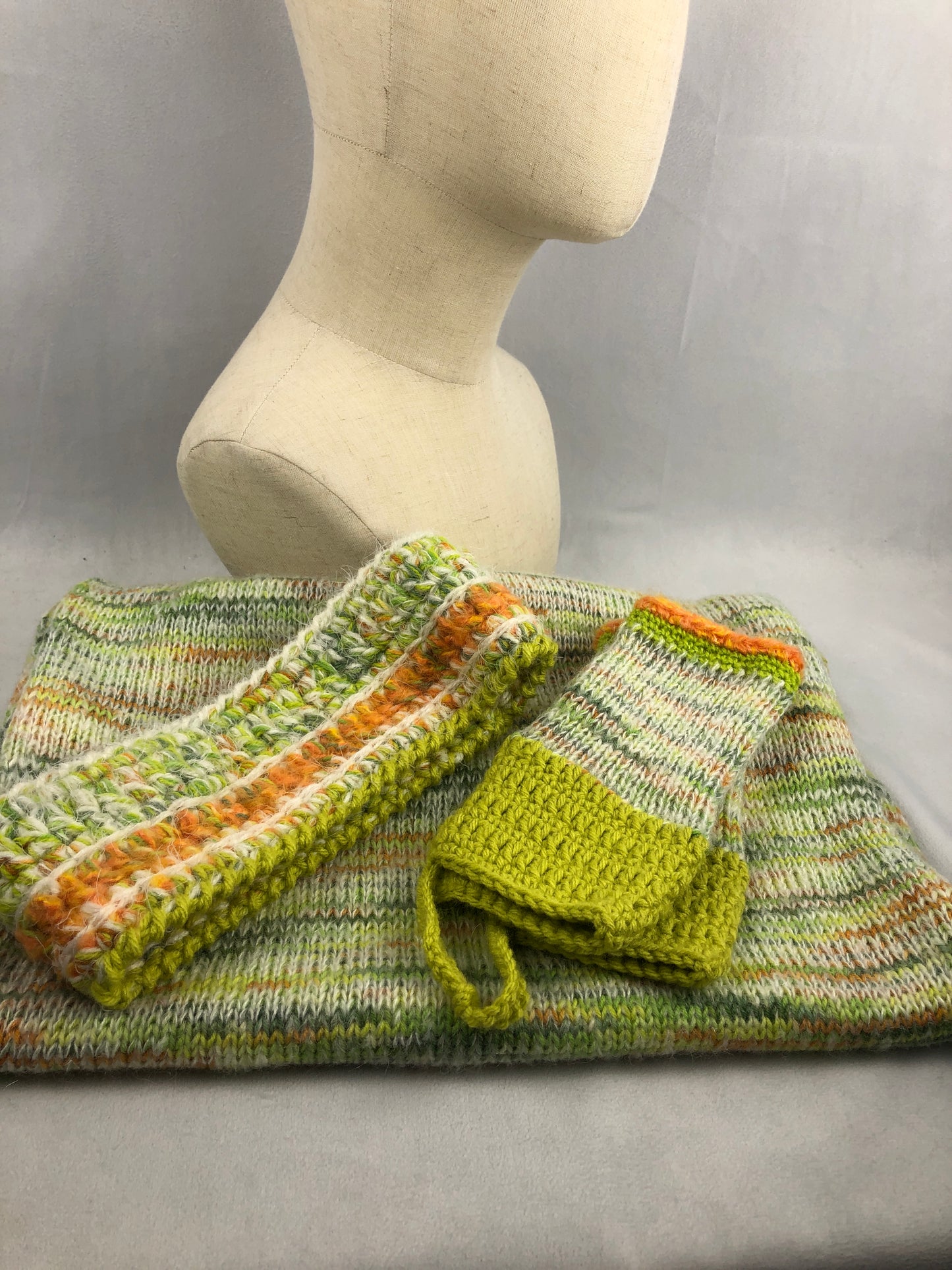 Lime orange wool headband and wrist warmers set