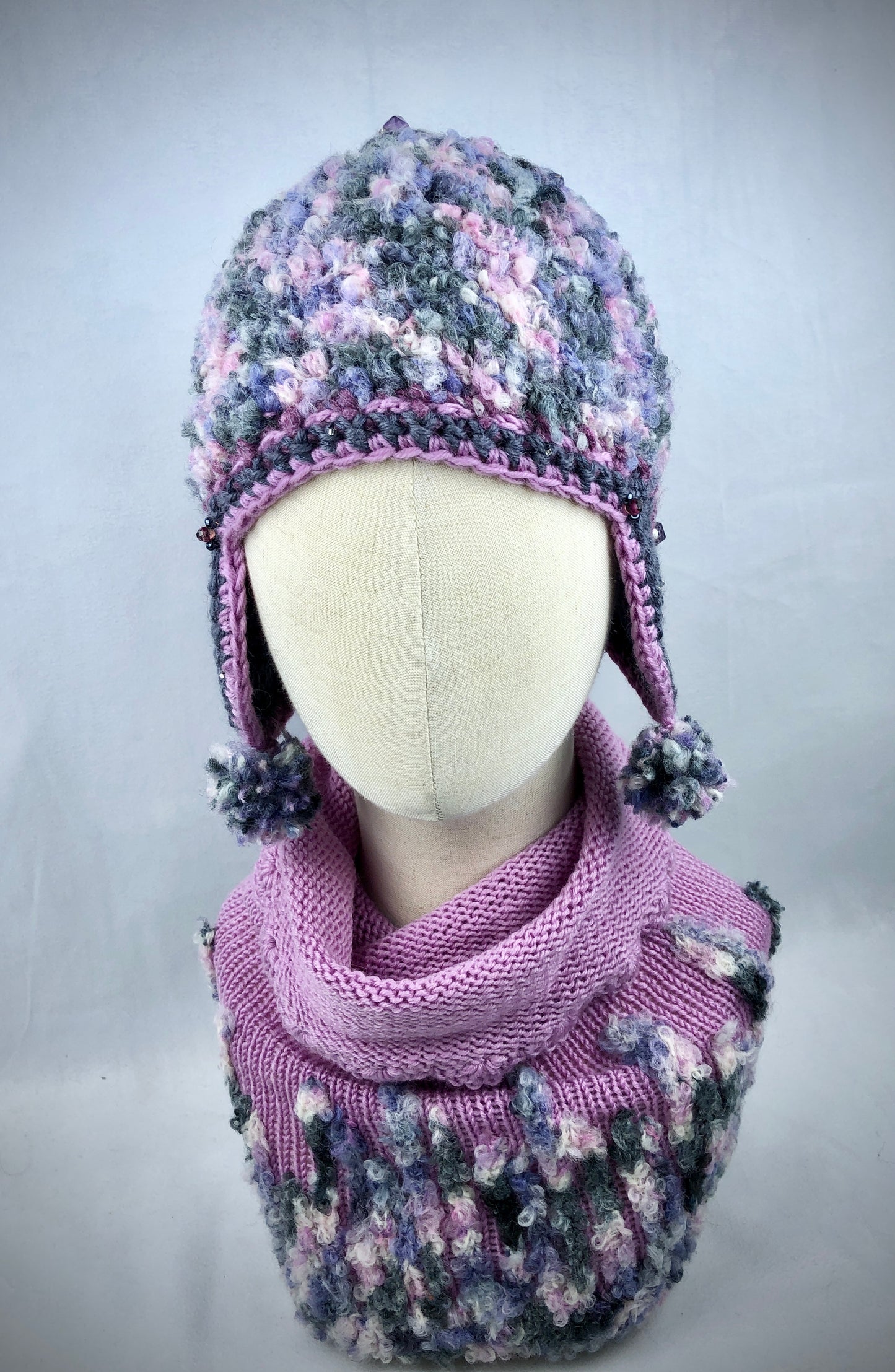 Grey pink purple earflaps hat