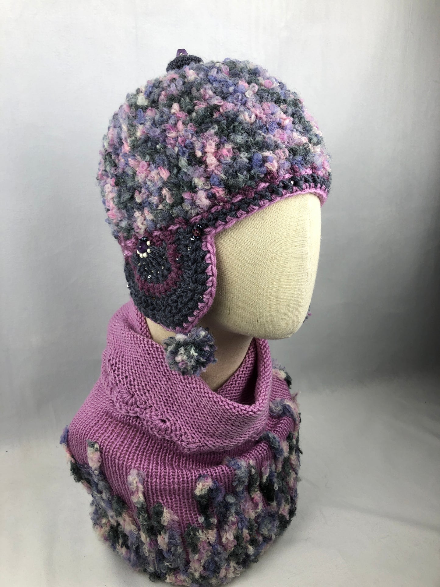 Grey pink purple earflaps hat