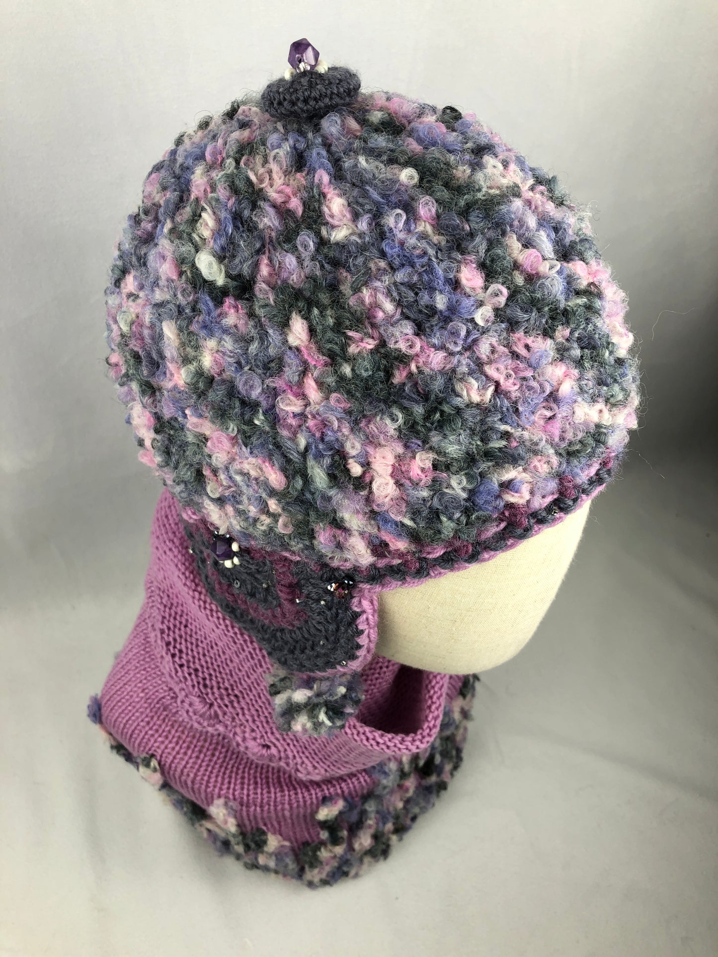 Grey pink purple earflaps hat