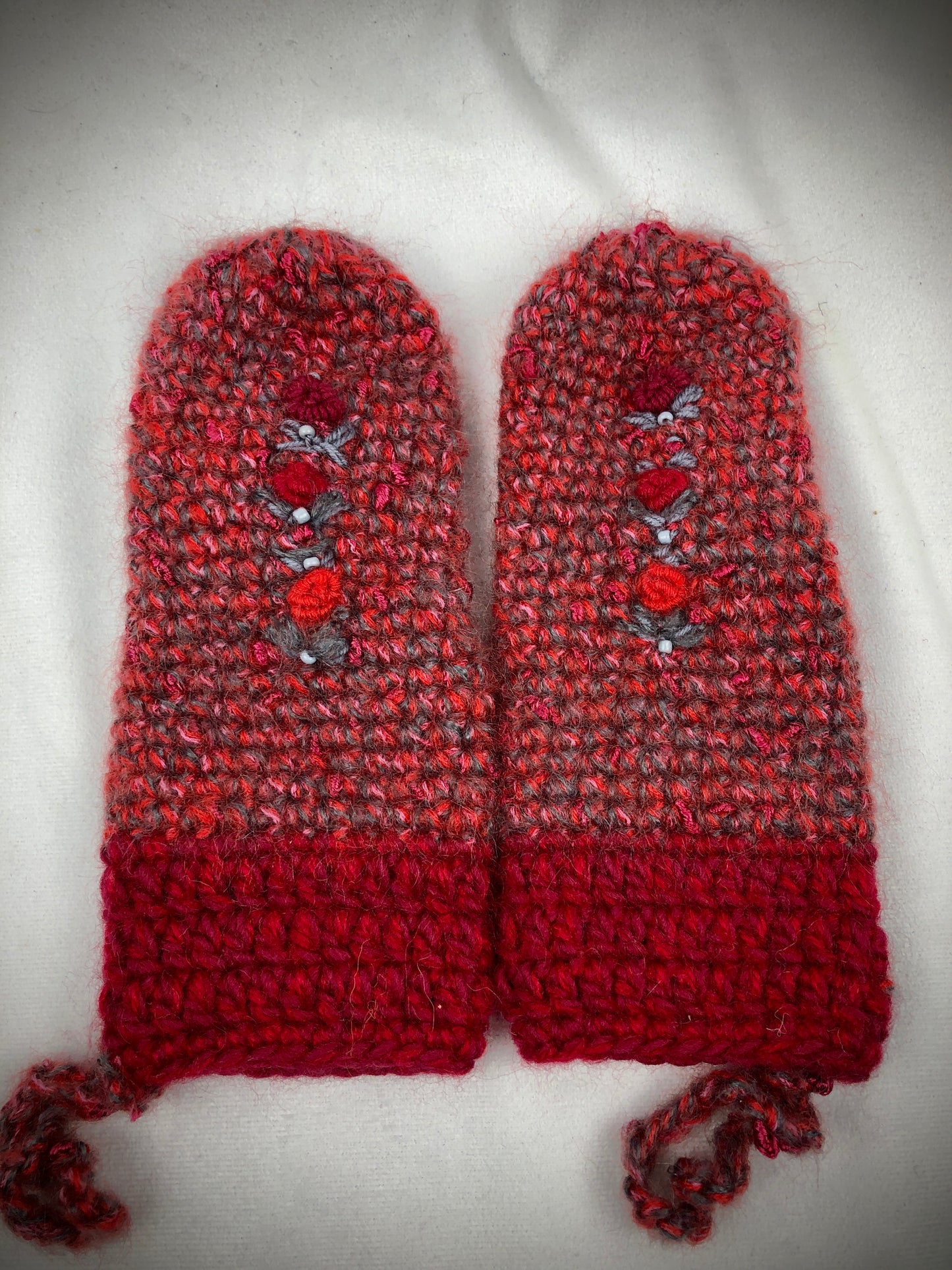 Red grey mohair wool mittens