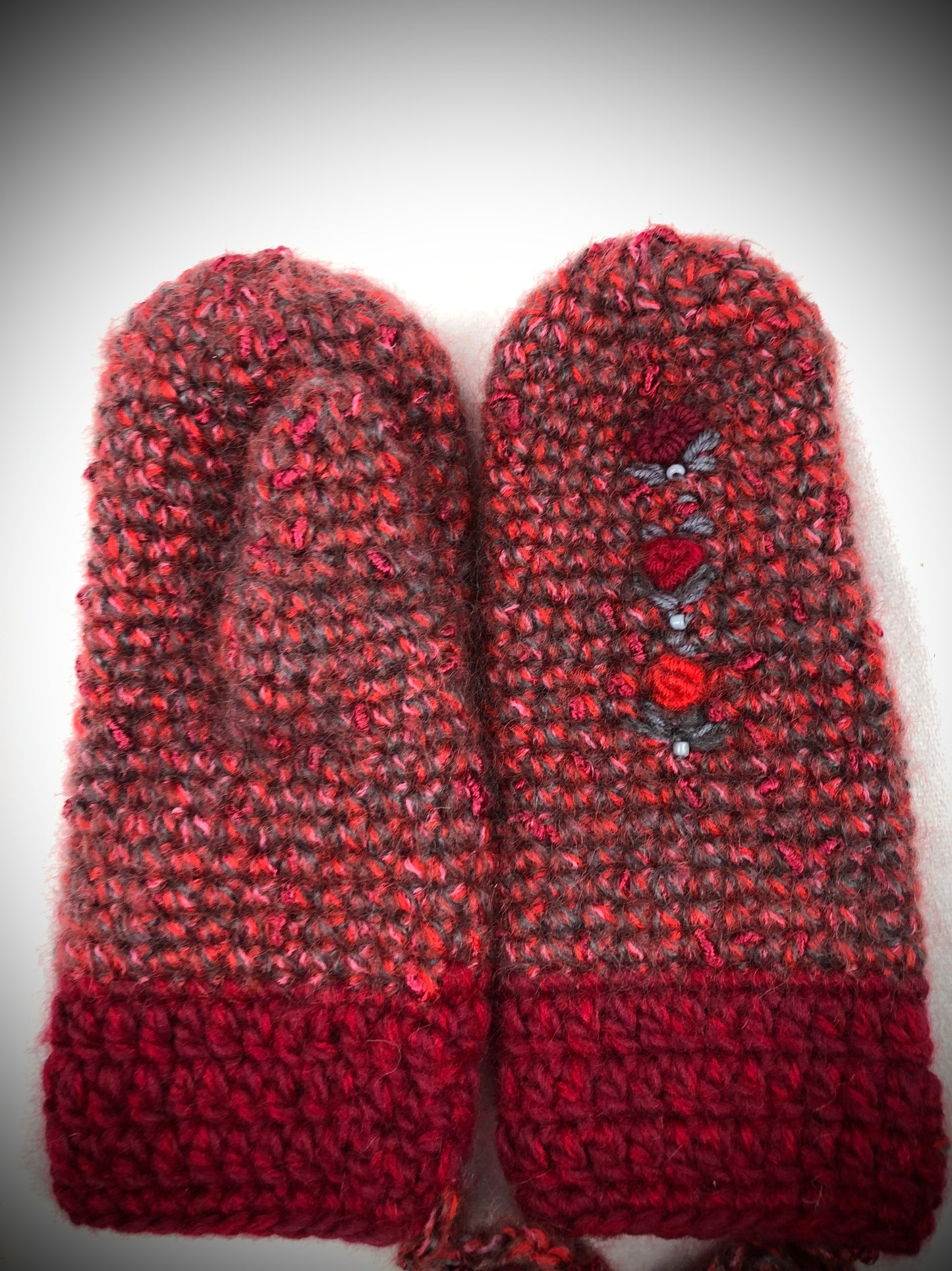 Red grey mohair wool mittens