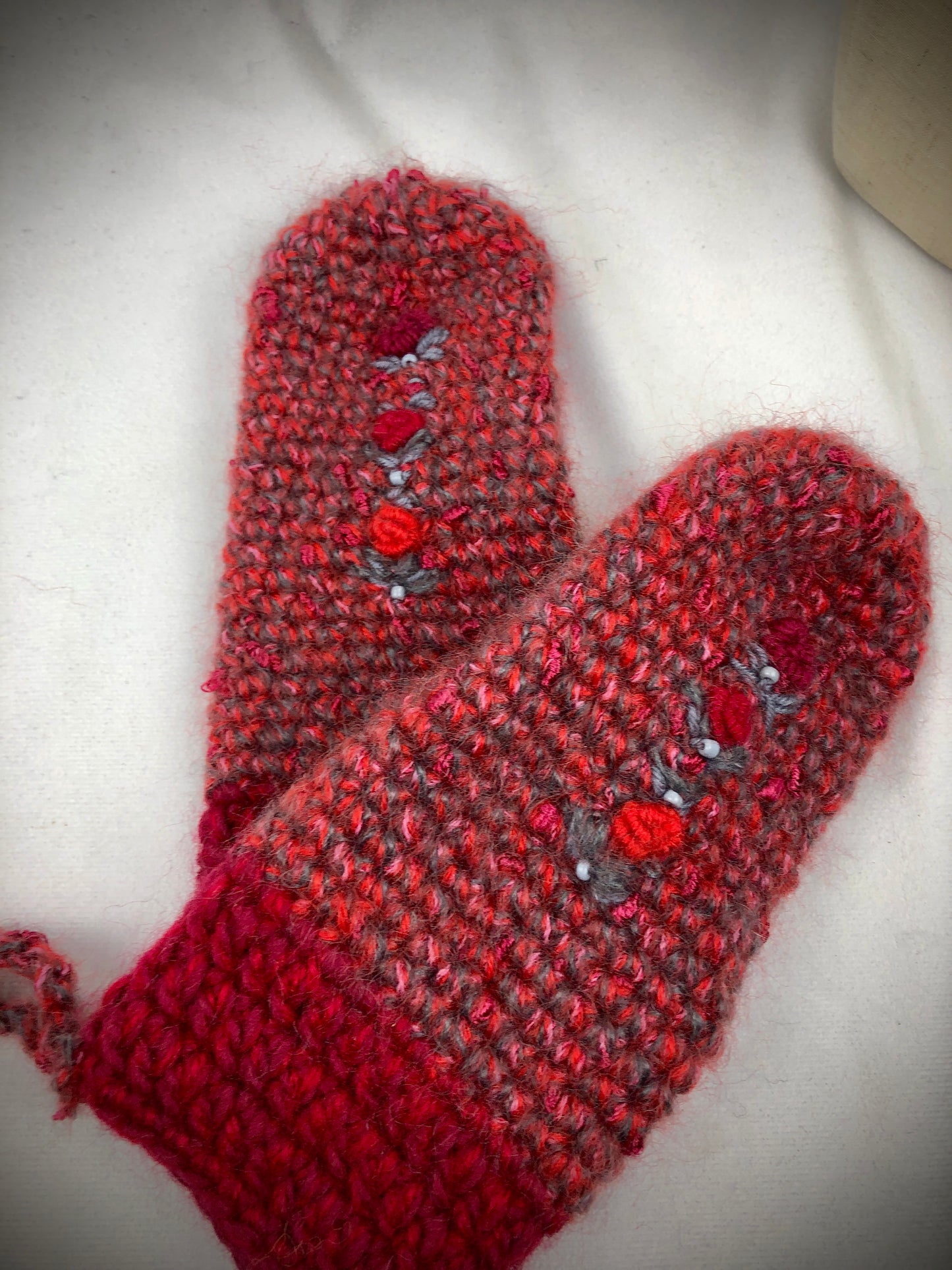 Red grey mohair wool mittens