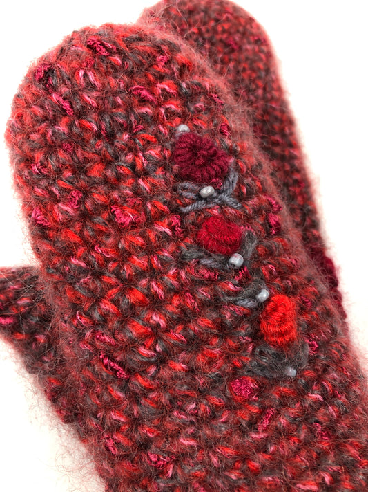 Red grey mohair wool mittens
