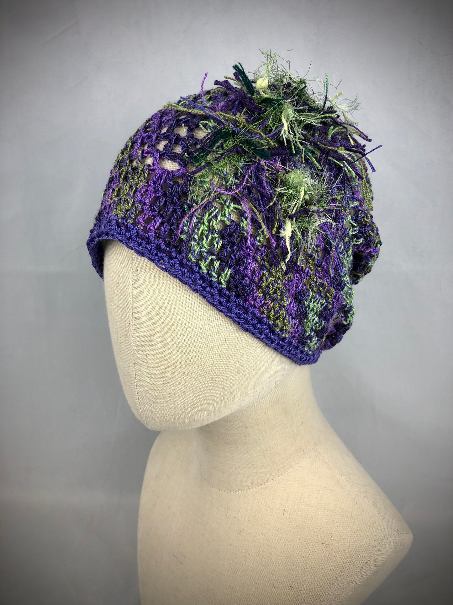 Purple green mesh beanie hat
