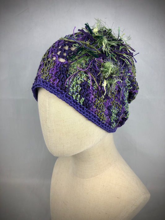 Purple green mesh beanie hat