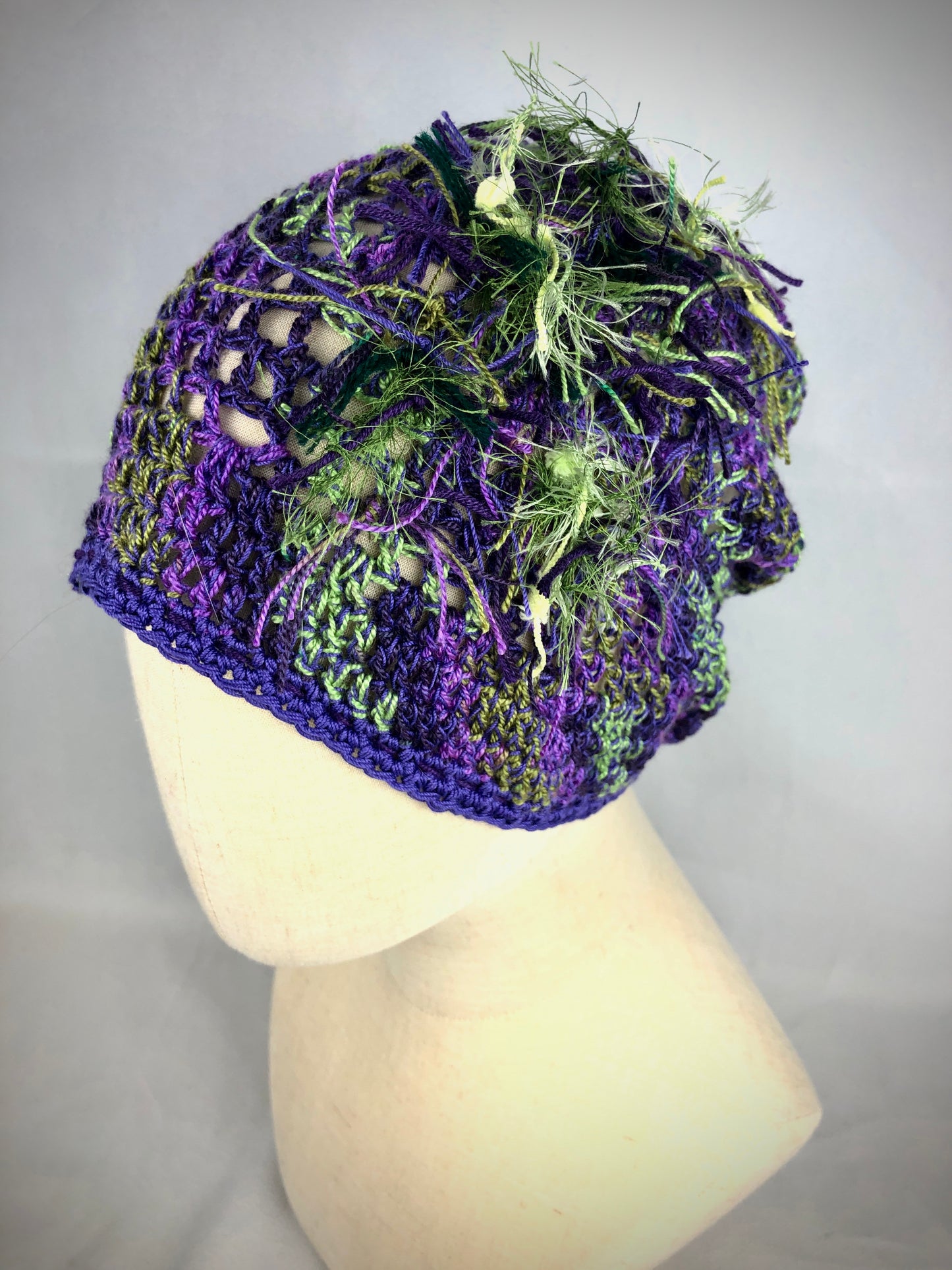 Purple green mesh beanie hat