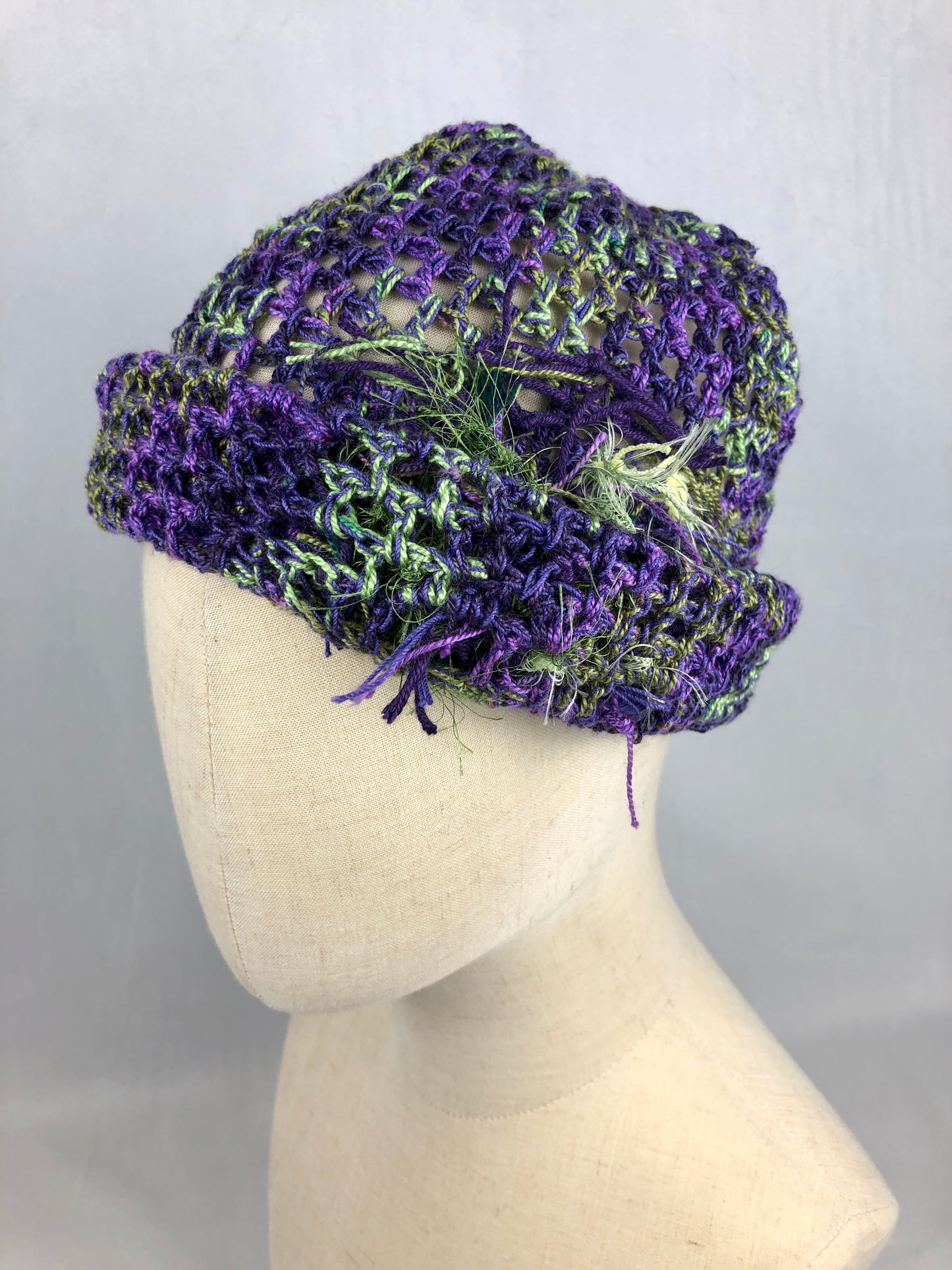 Purple green mesh beanie hat