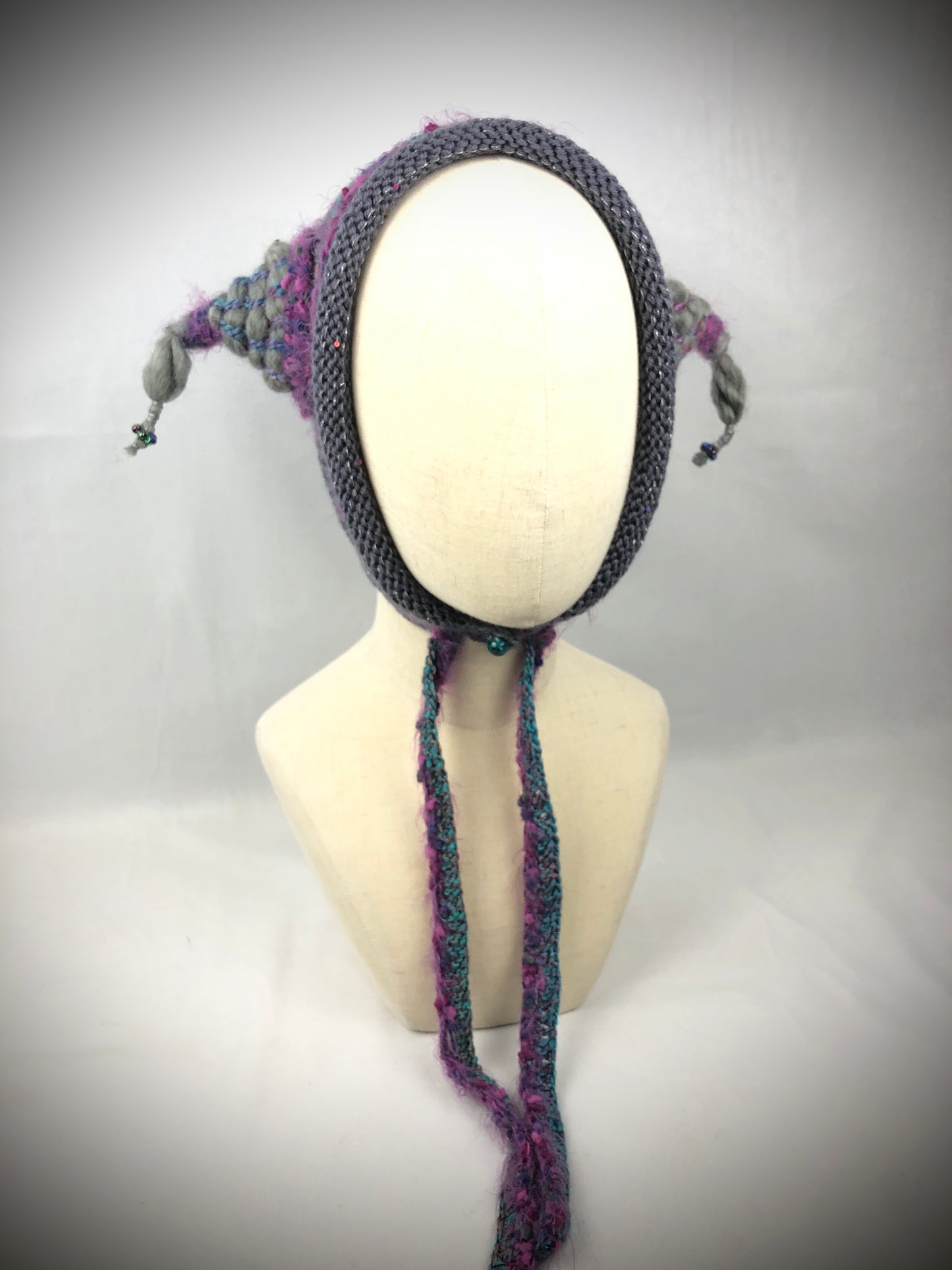 Grey purple Jester bonnet hat