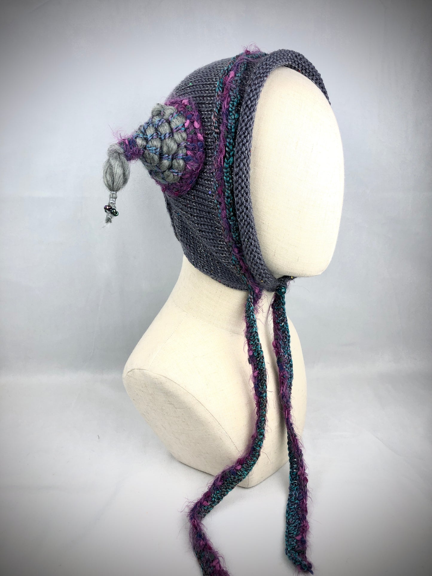 Grey purple Jester bonnet hat