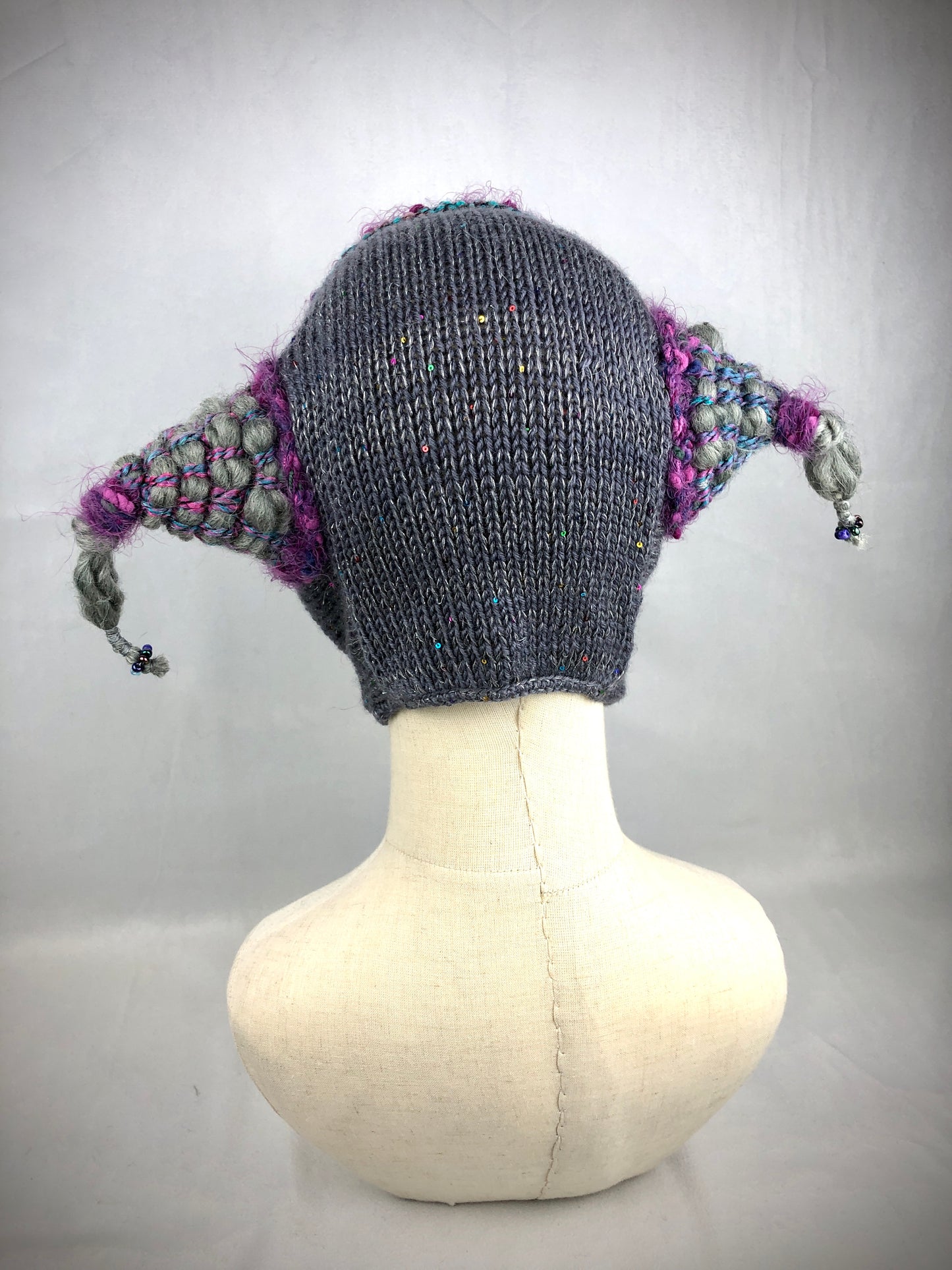 Grey purple Jester bonnet hat