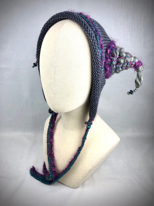 Grey purple Jester bonnet hat