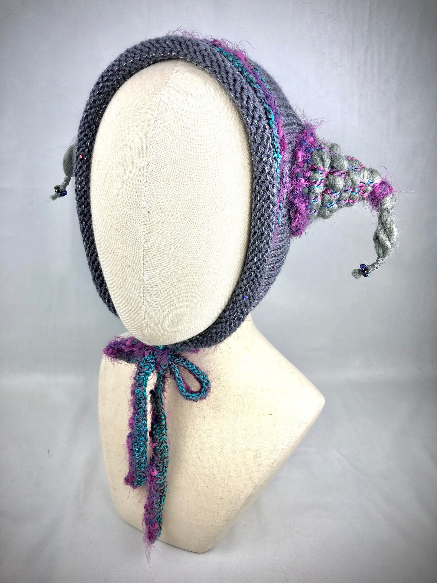 Grey purple Jester bonnet hat