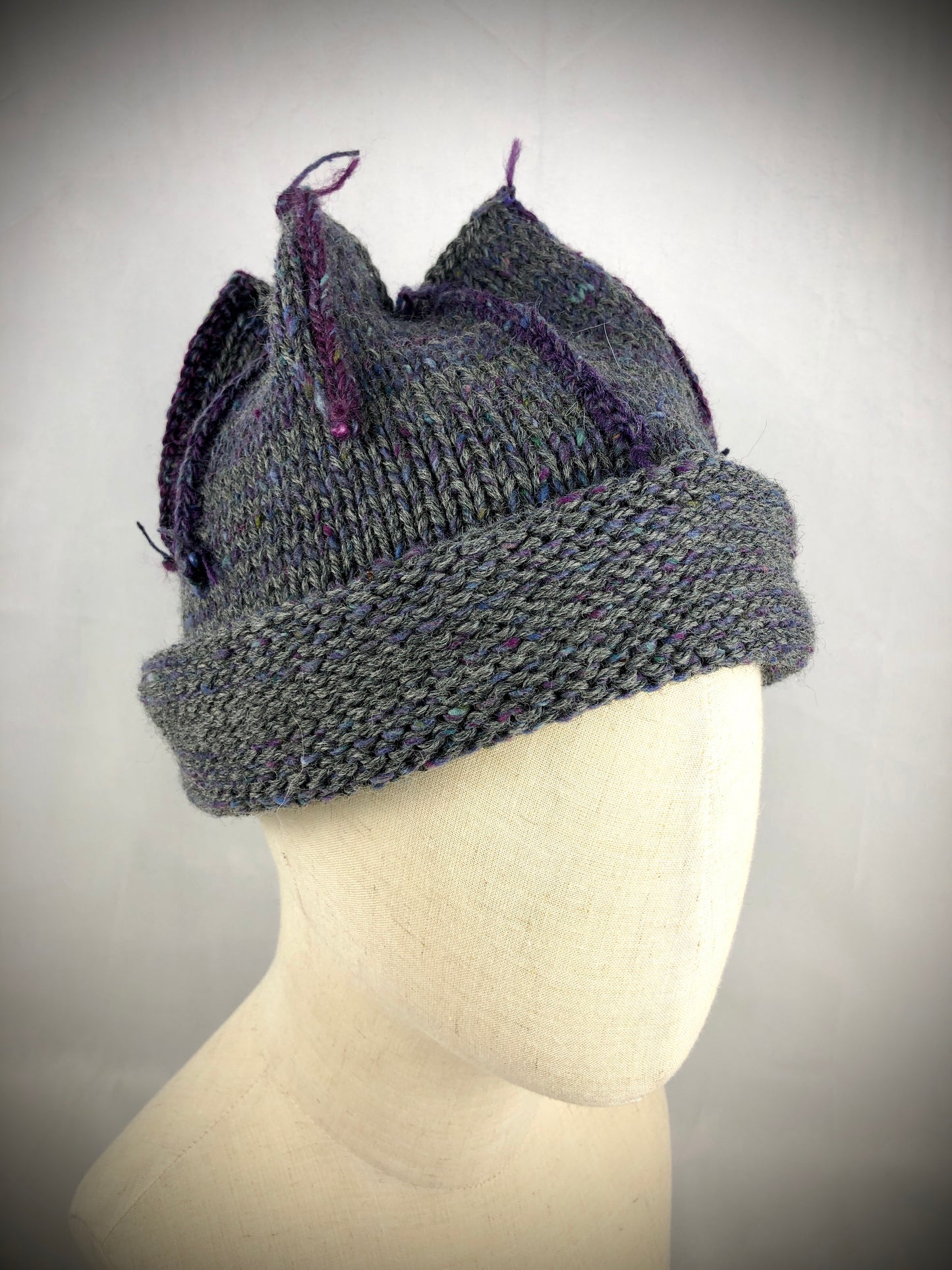 Grey purple tulip beanie hat