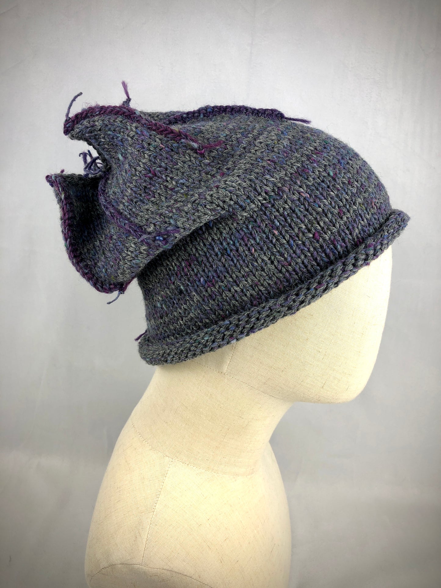 Grey purple tulip beanie hat