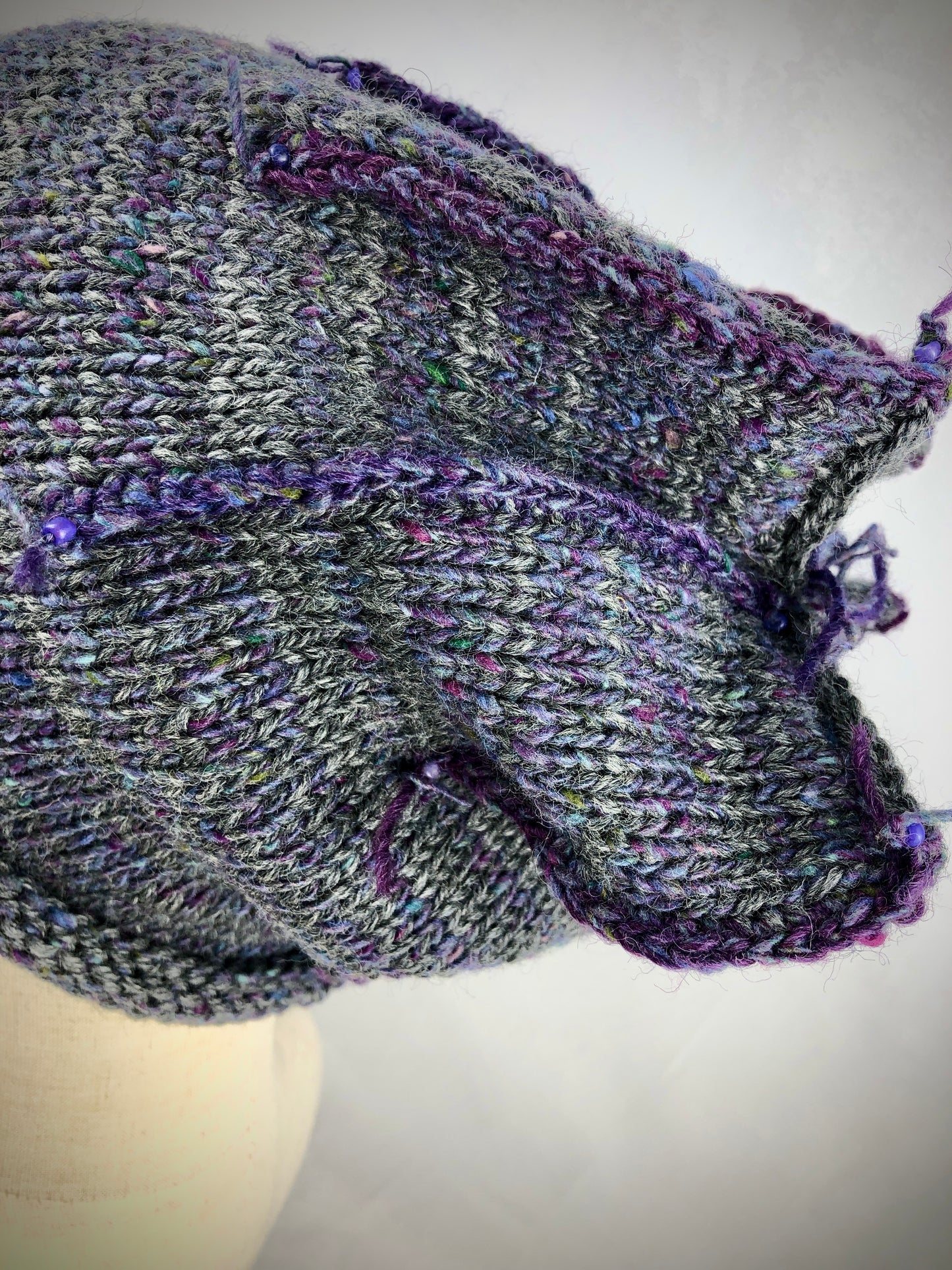Grey purple tulip beanie hat