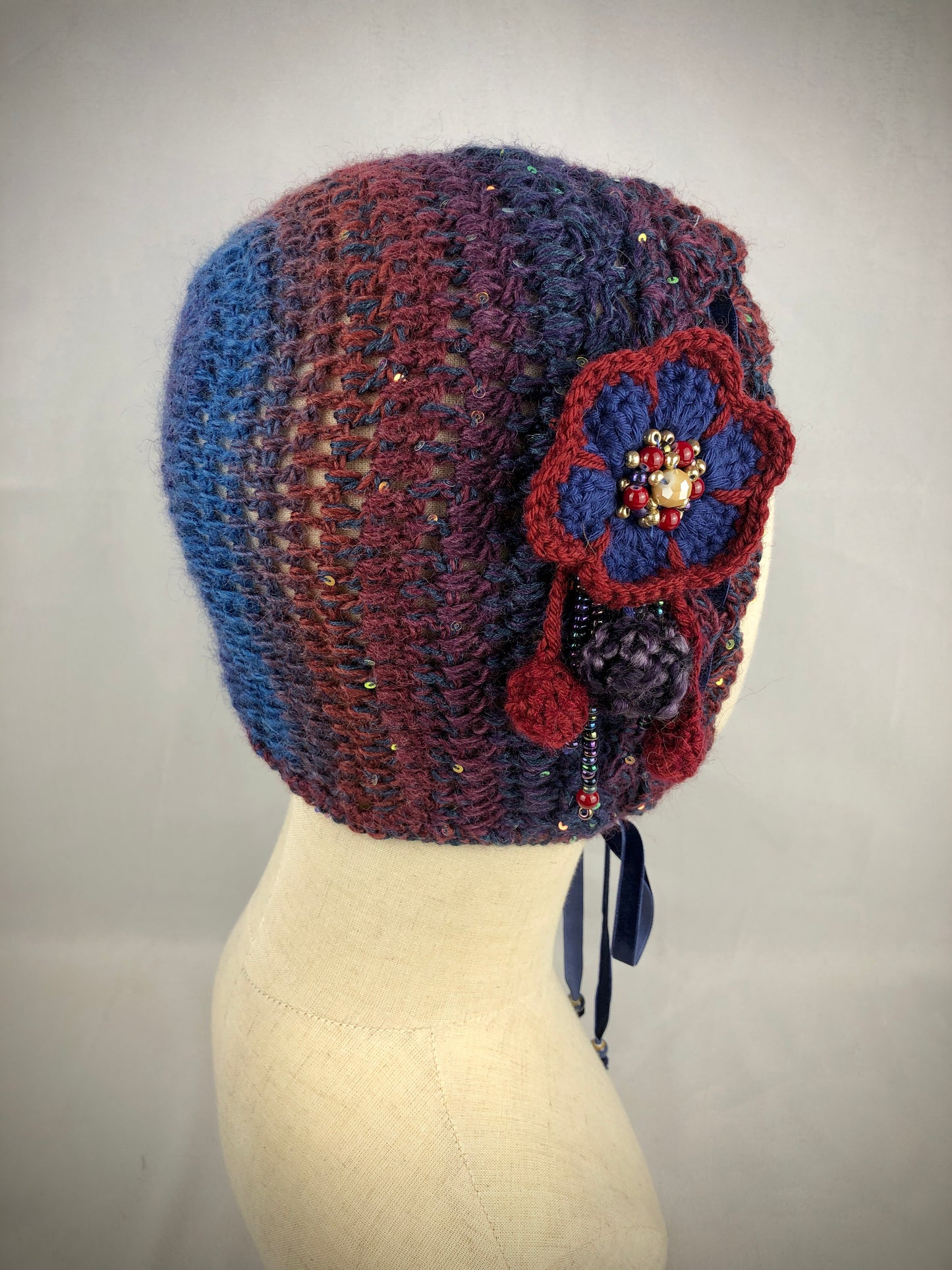 Blue maroon wool bonnet hat