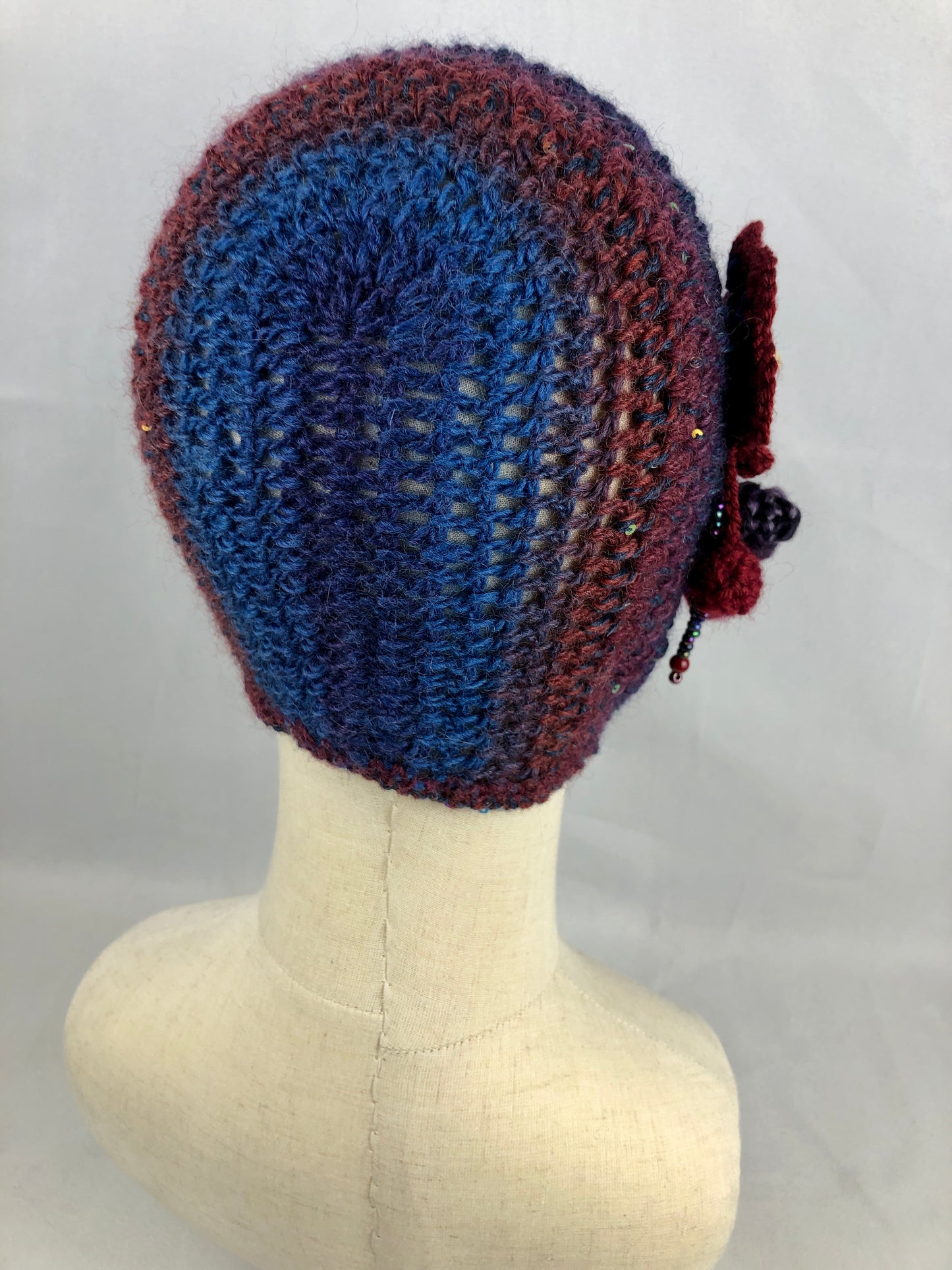 Blue maroon wool bonnet hat