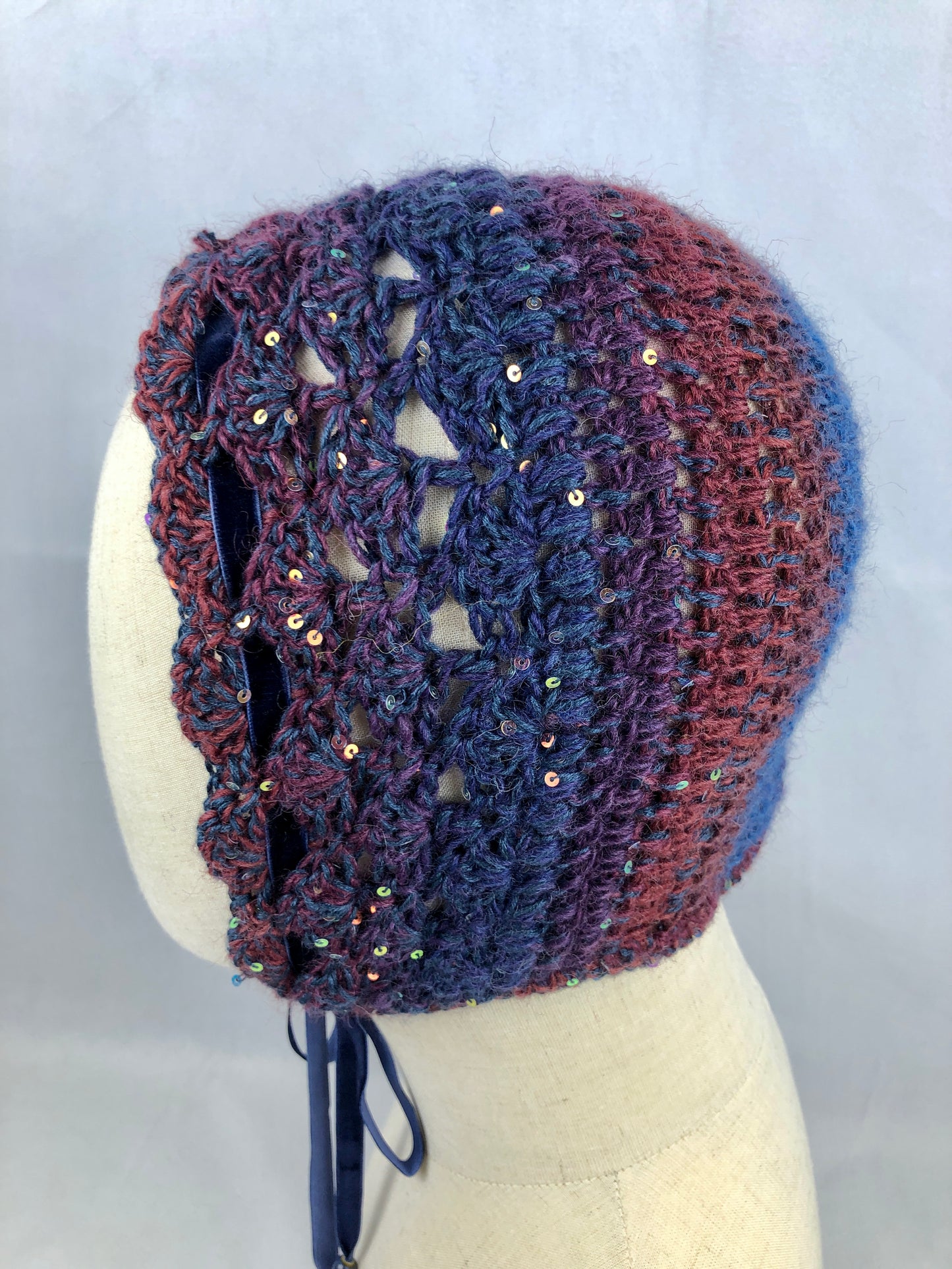 Blue maroon wool bonnet hat