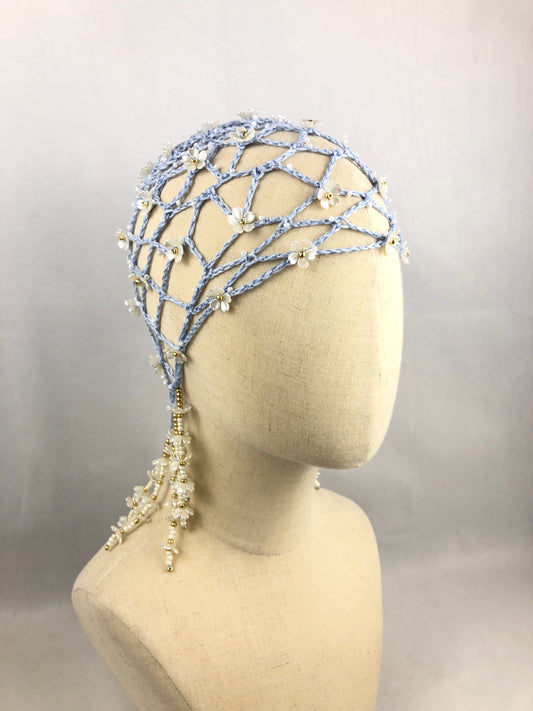 Blue flower mesh beanie headpiece/ princess hat