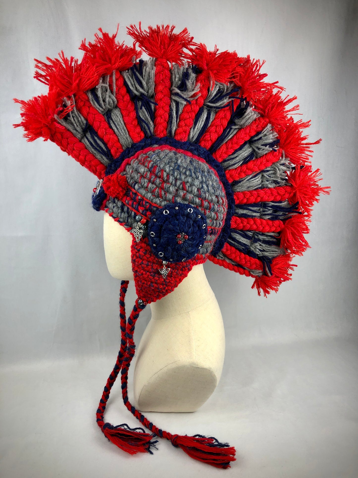 Red grey wool Mohawk hat. Legionary helmet