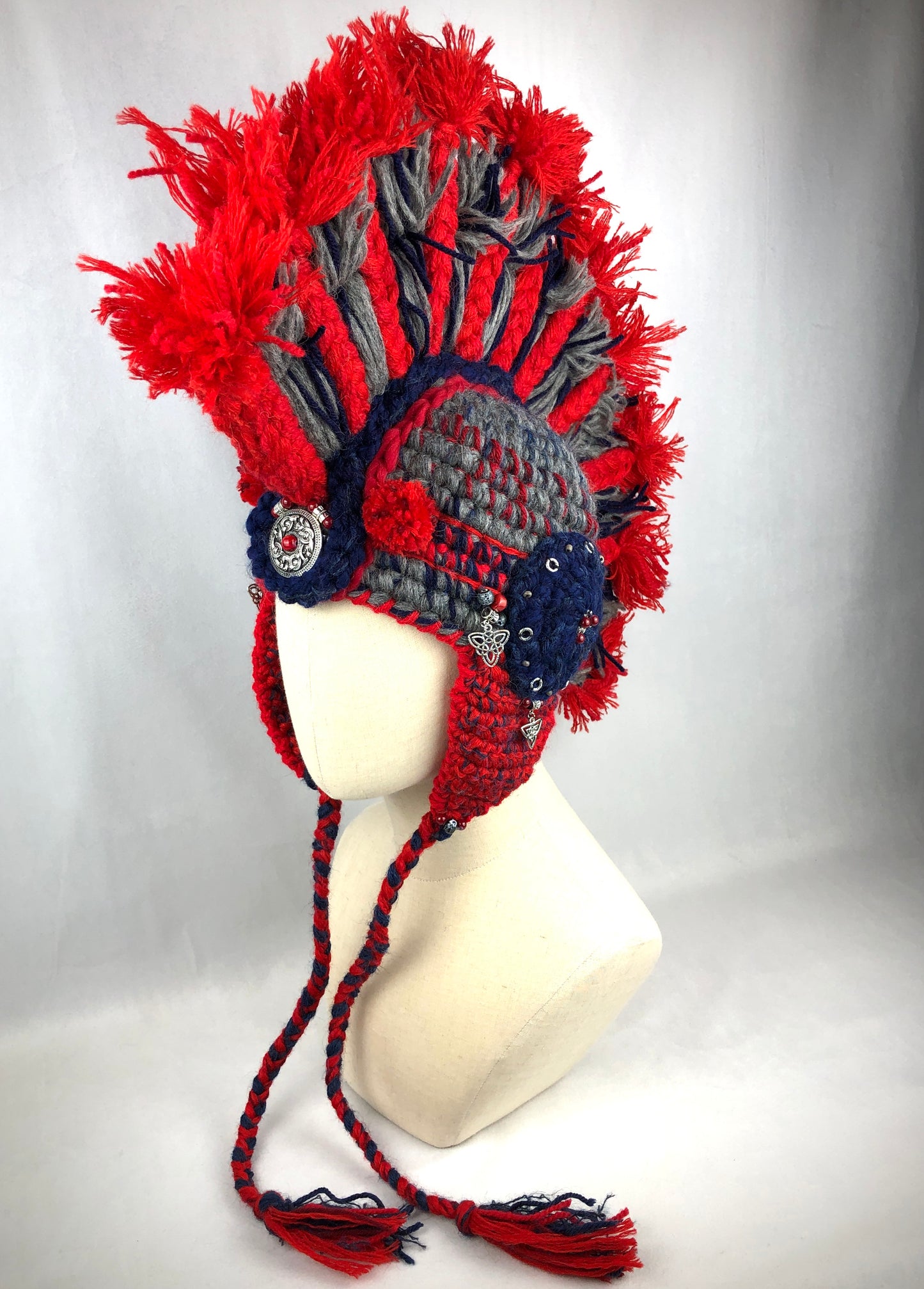 Red grey wool Mohawk hat. Legionary helmet