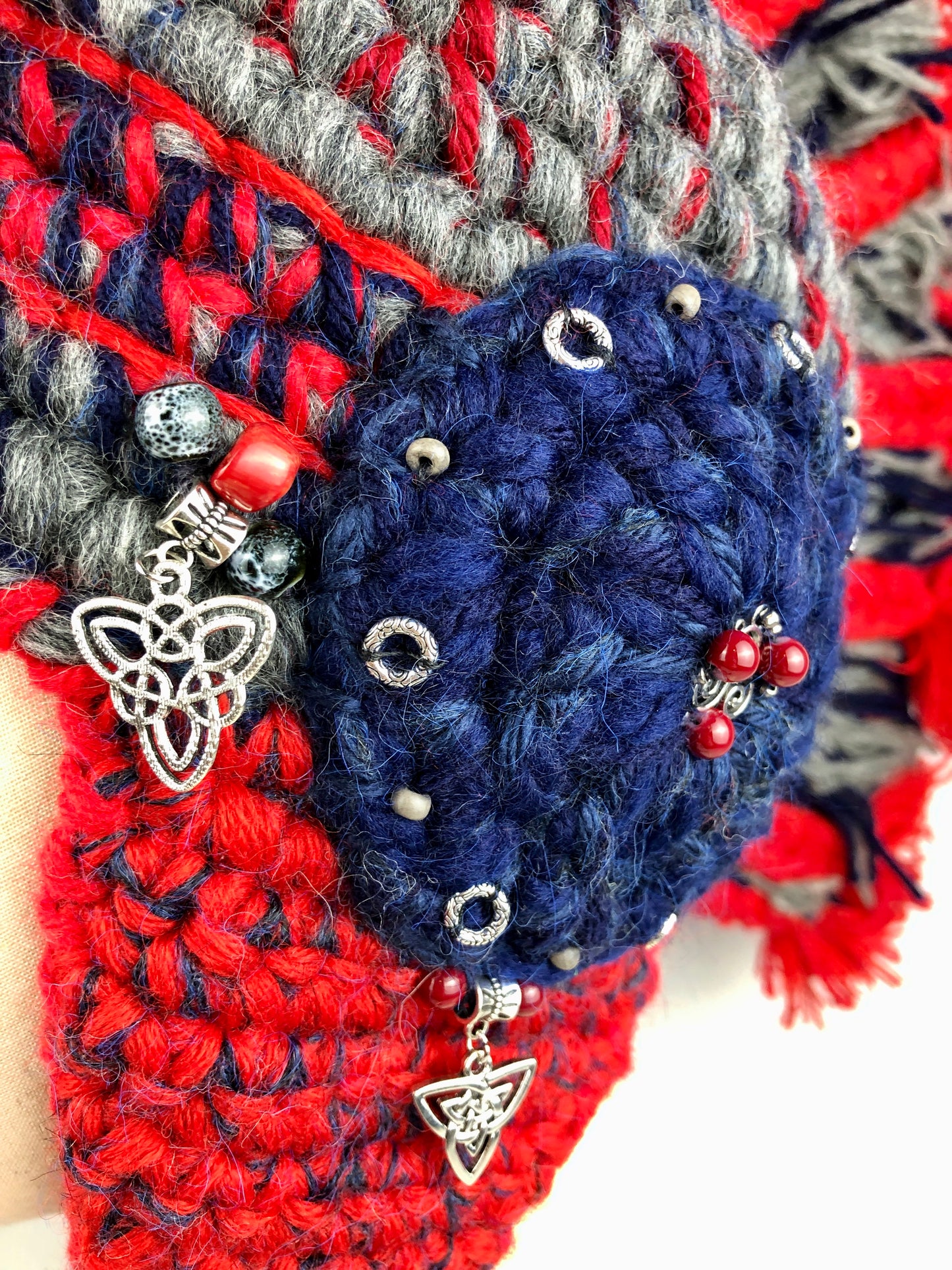 Red grey wool Mohawk hat. Legionary helmet