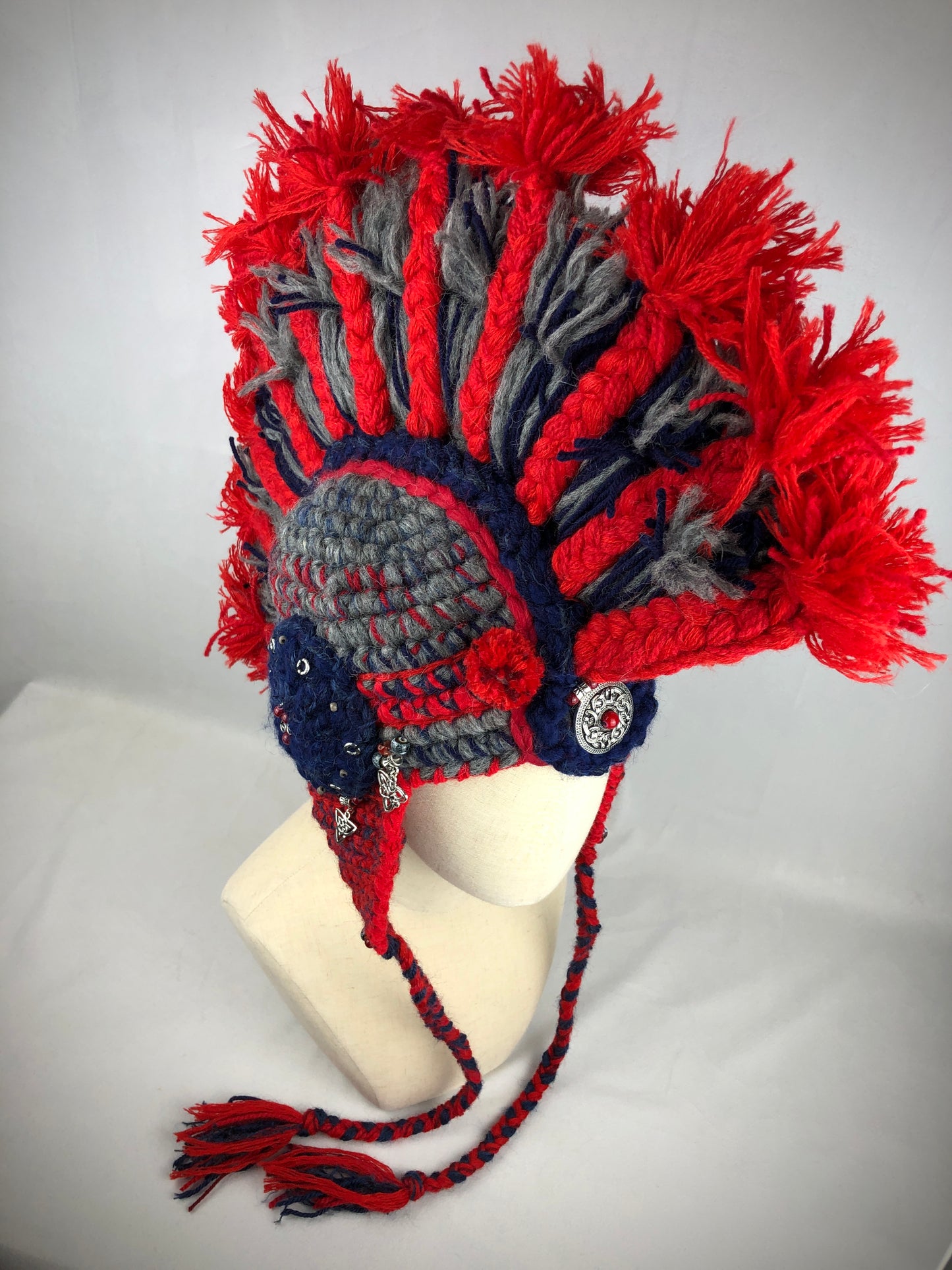 Red grey wool Mohawk hat. Legionary helmet