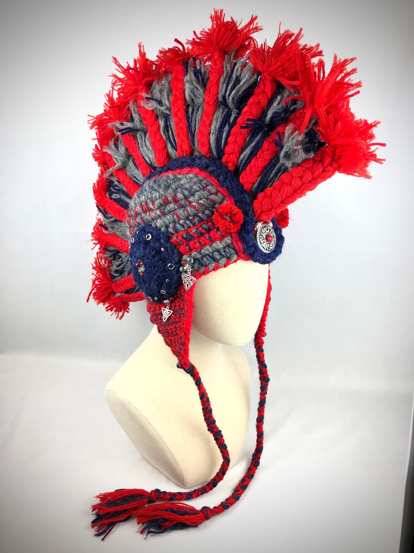 Red grey wool Mohawk hat. Legionary helmet