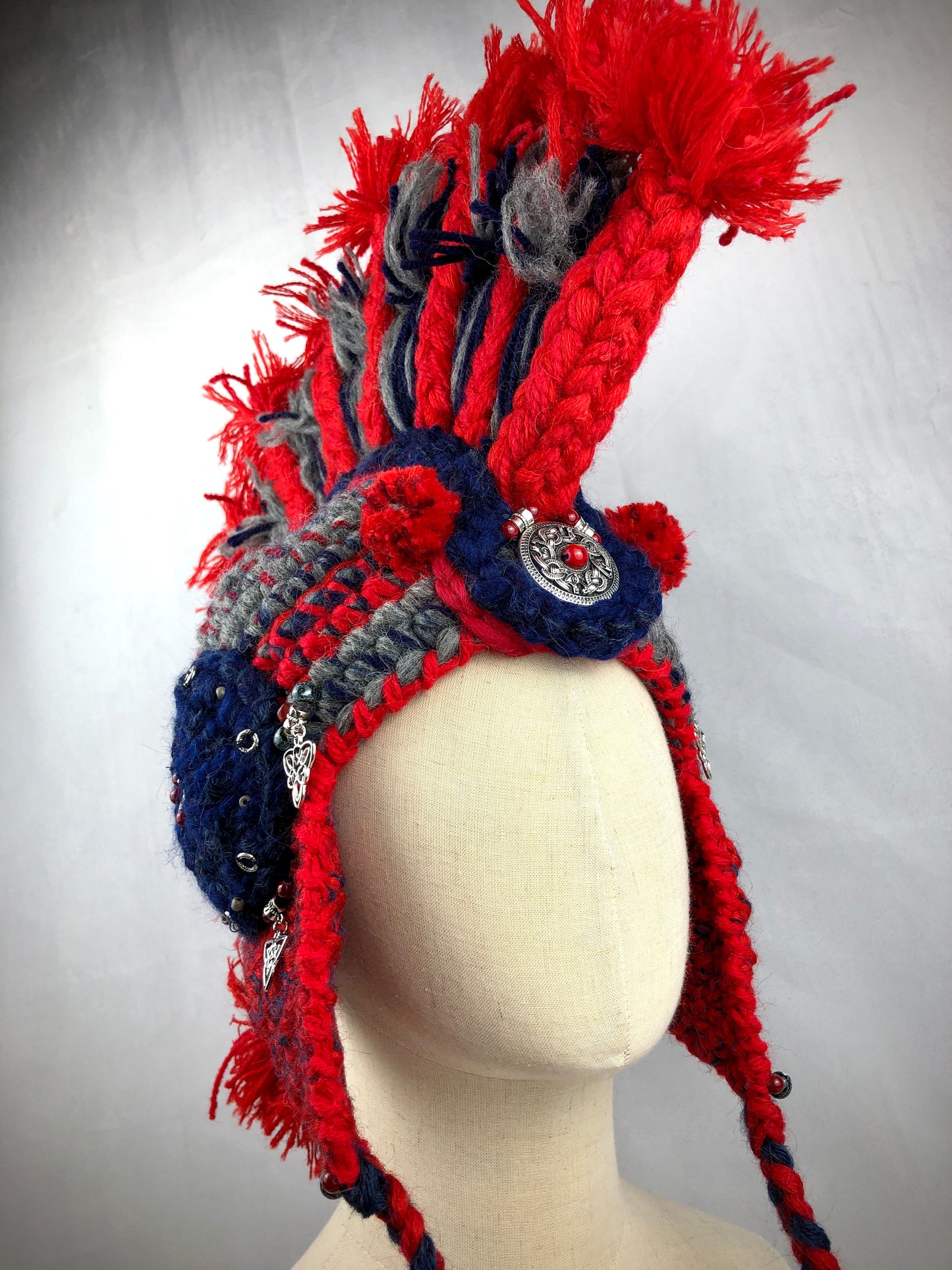 Red grey wool Mohawk hat. Legionary helmet