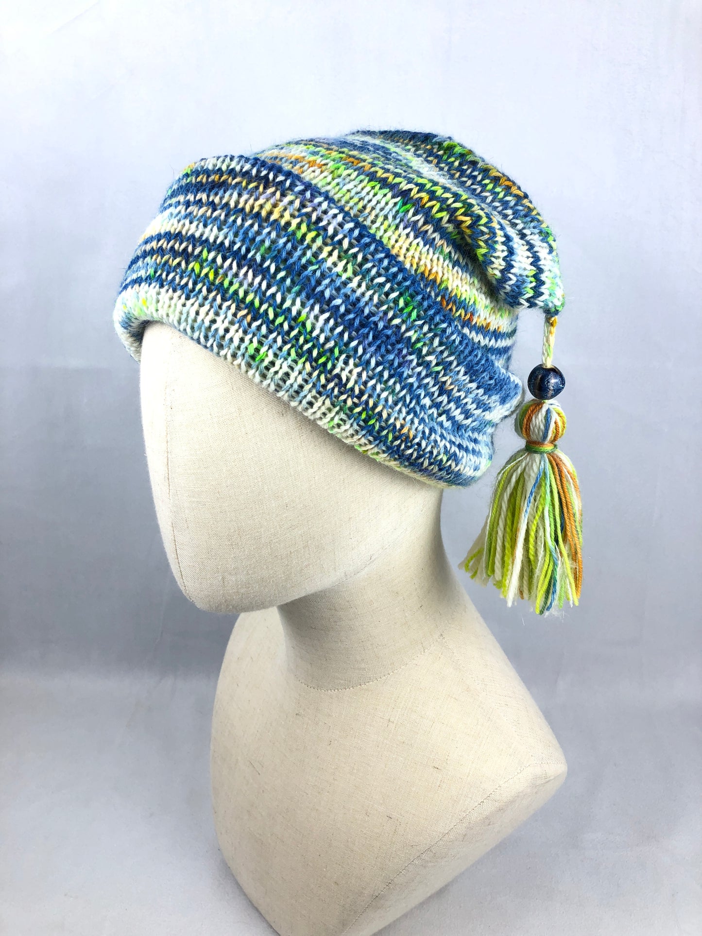 Blue white stripe raccoon wool beanie toque