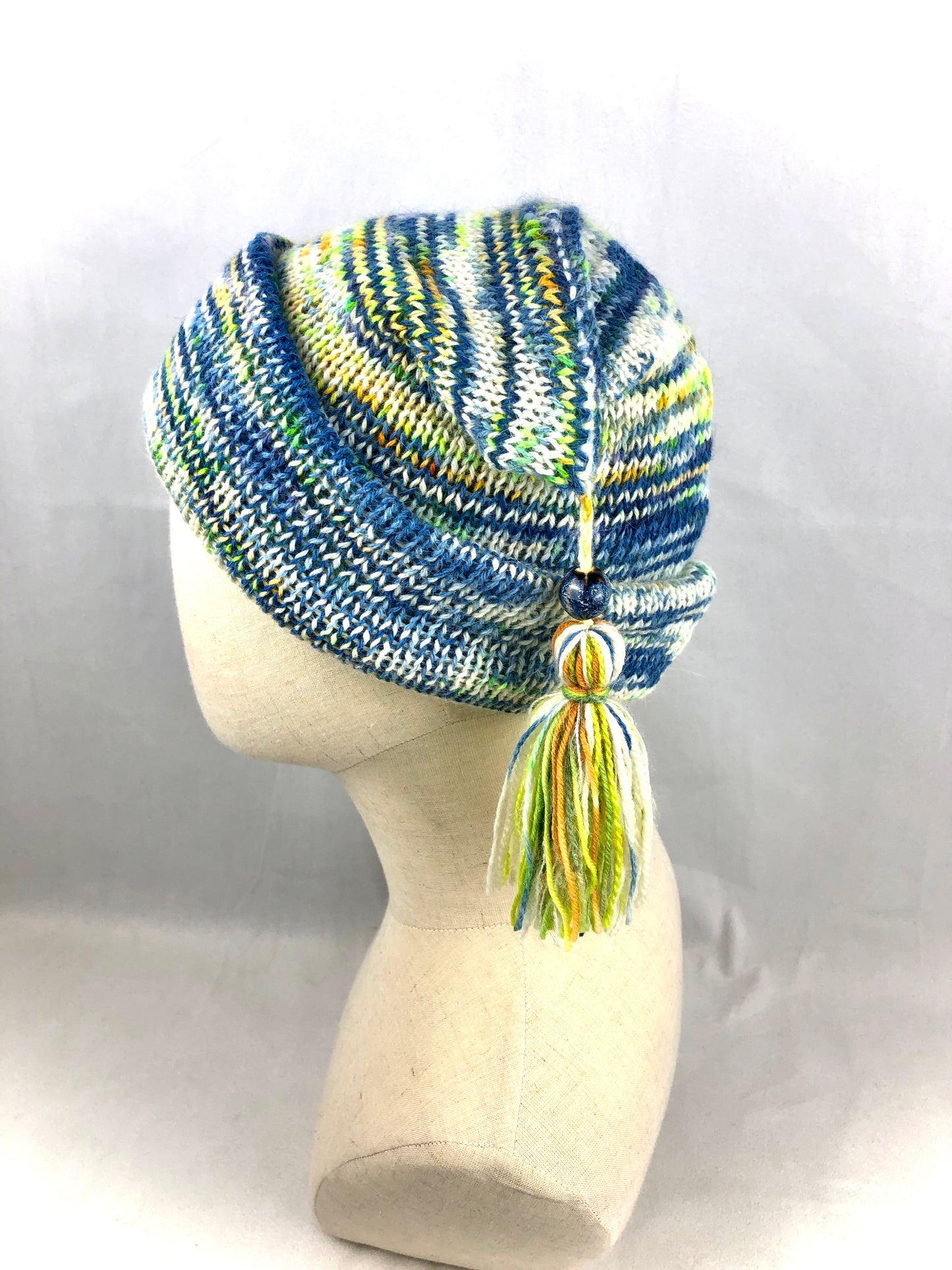 Blue white stripe raccoon wool beanie toque