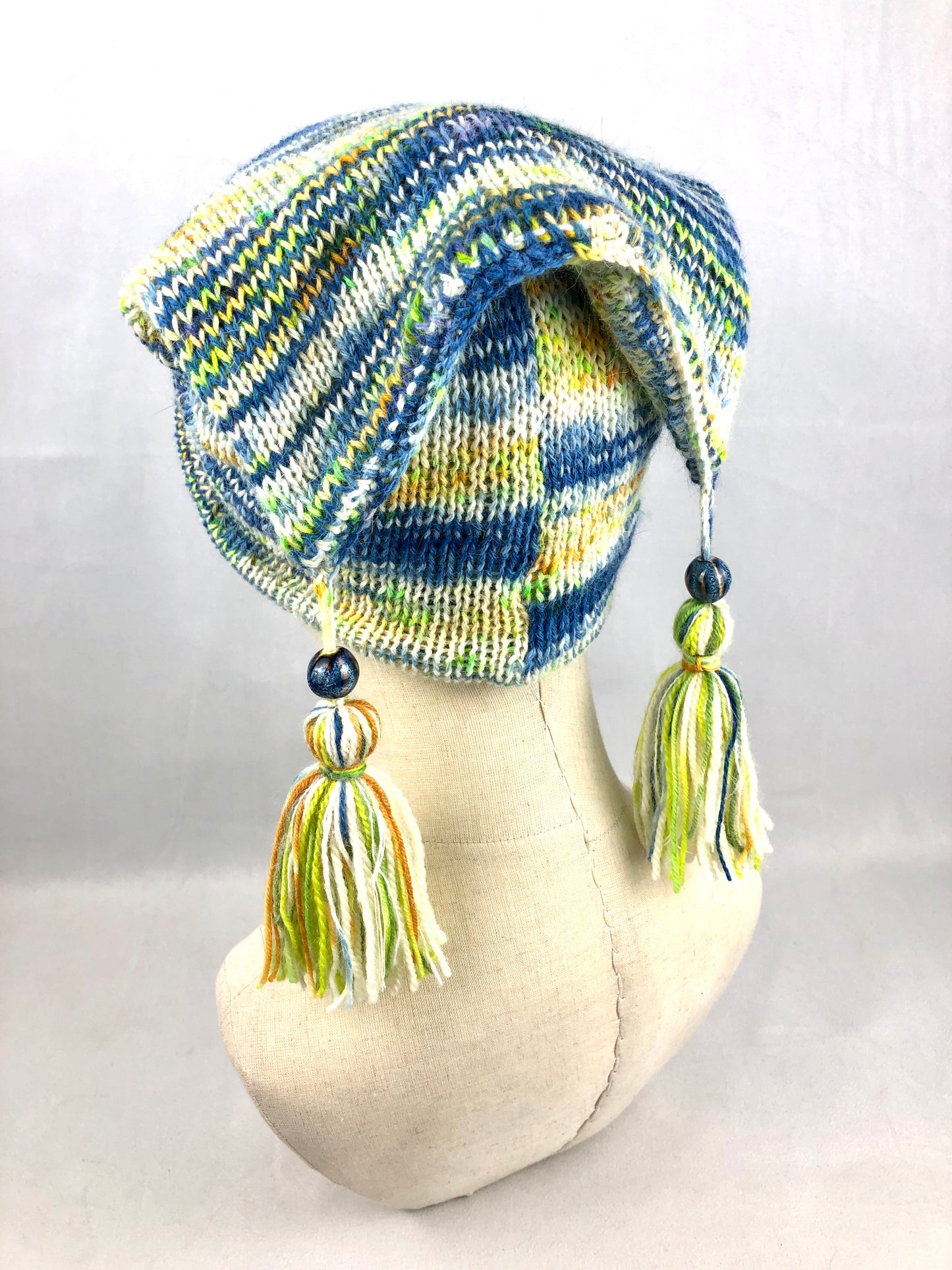 Blue white stripe raccoon wool beanie toque
