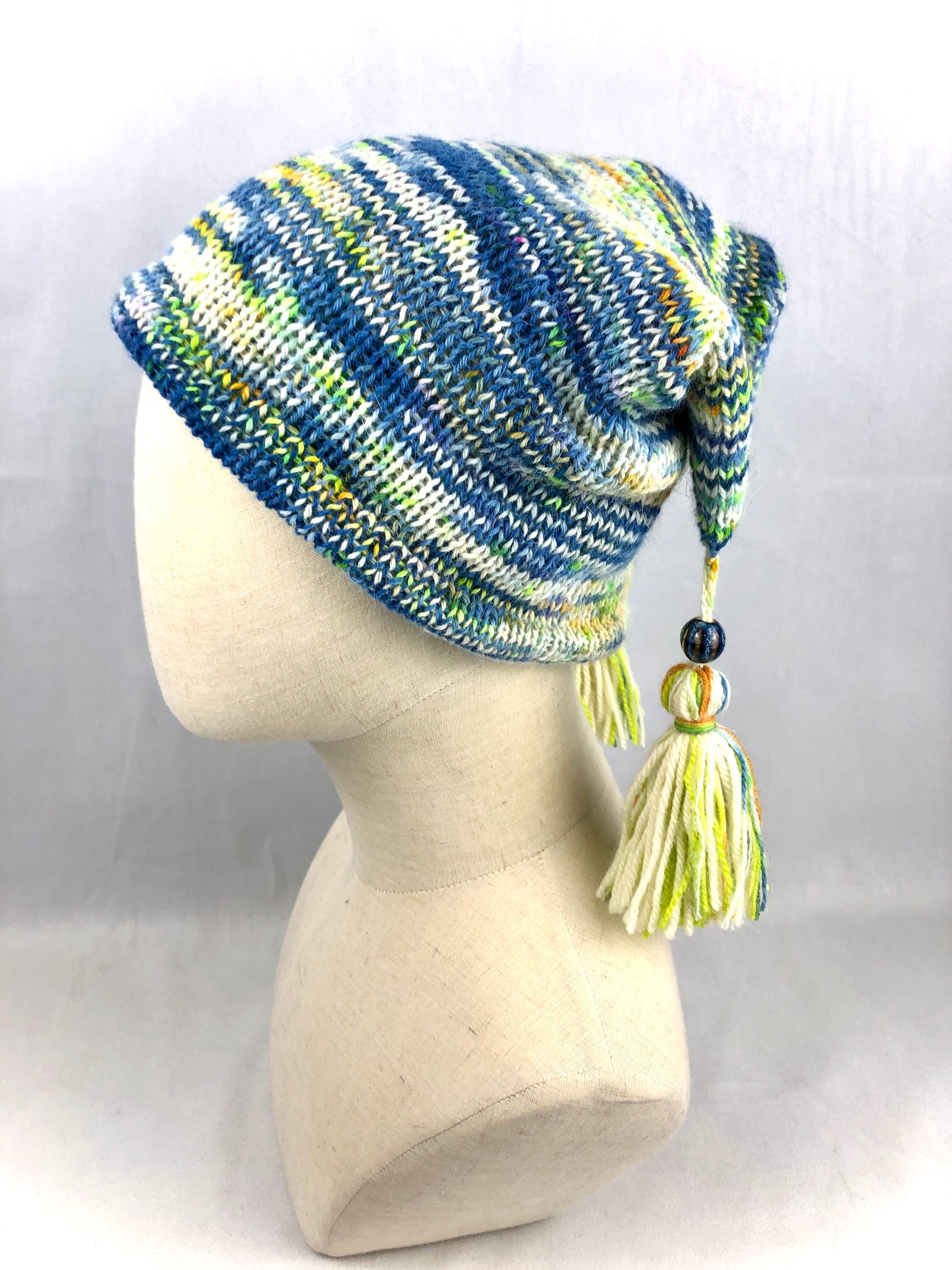 Blue white stripe raccoon wool beanie toque