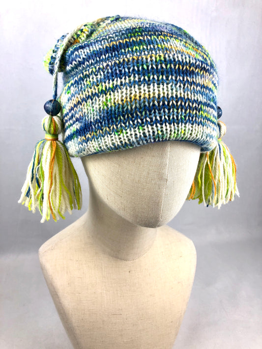 Blue white stripe raccoon wool beanie toque