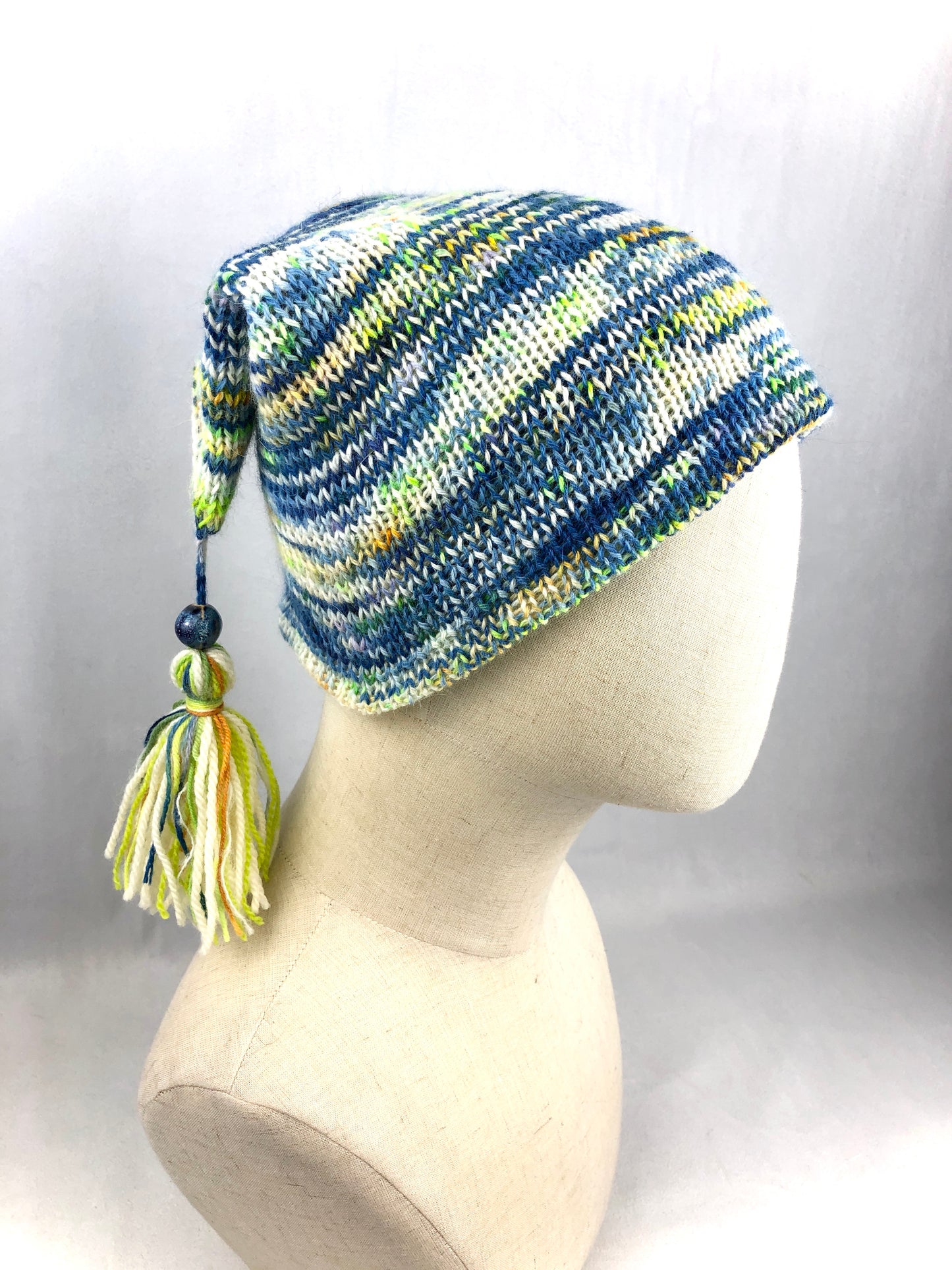 Blue white stripe raccoon wool beanie toque