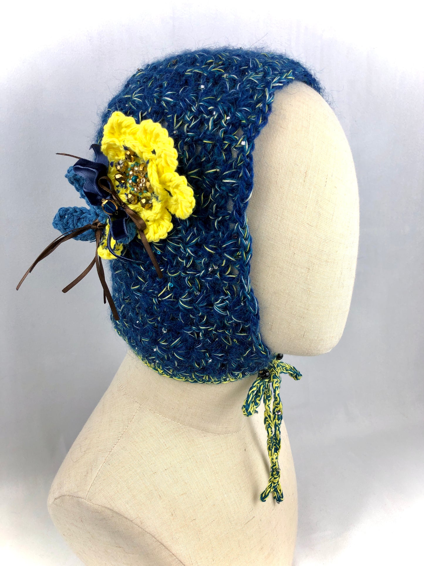 Blue mohair bonnet hat