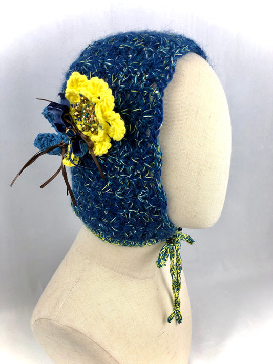 Blue mohair bonnet hat