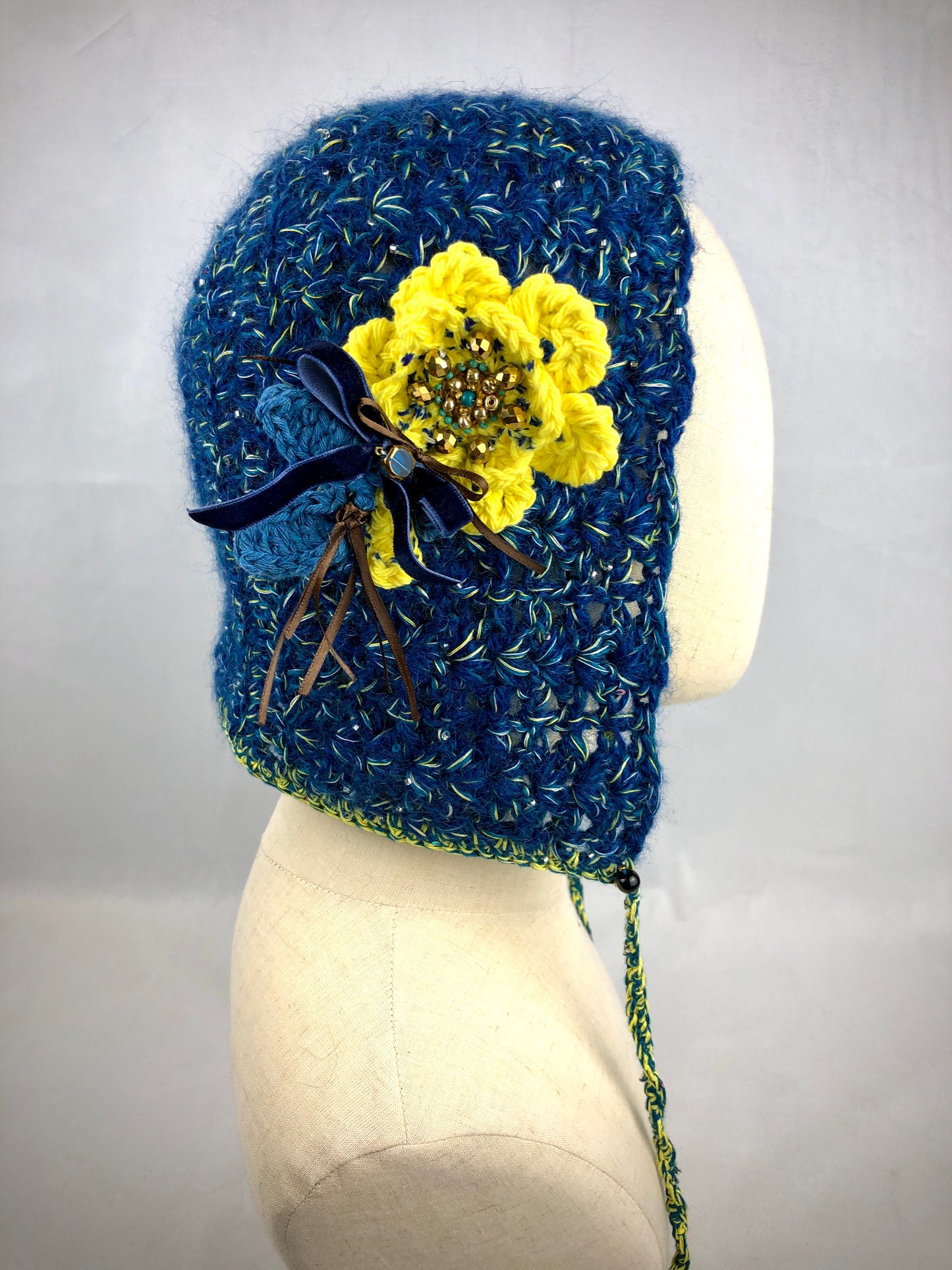 Blue mohair bonnet hat