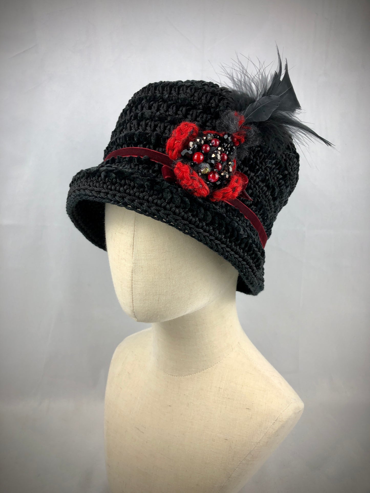 Black velvet bucket/cloche hat