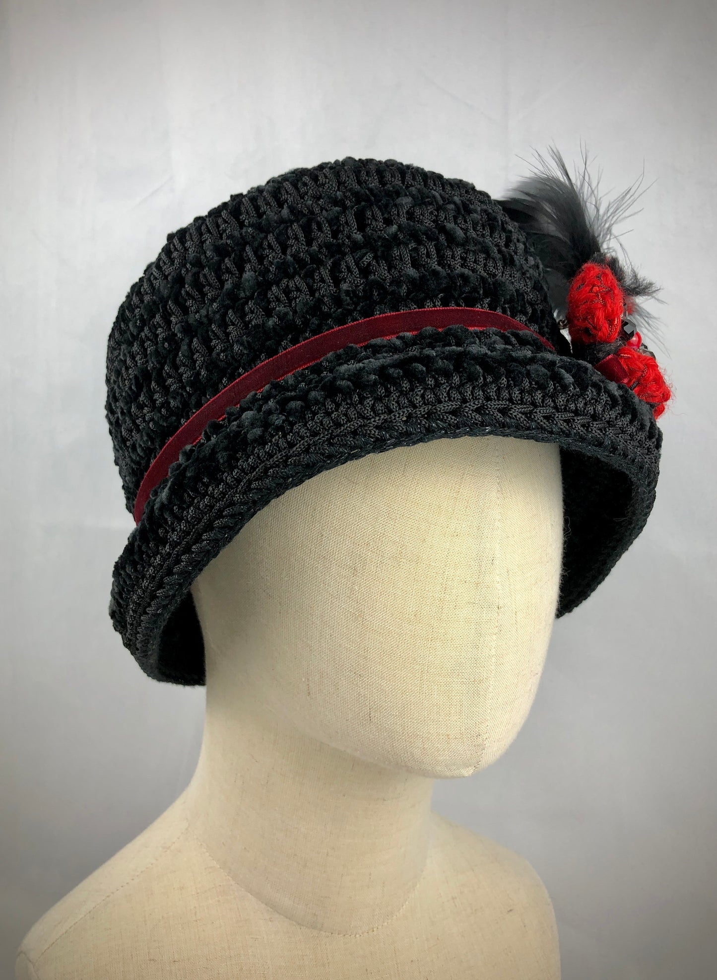 Black velvet bucket/cloche hat
