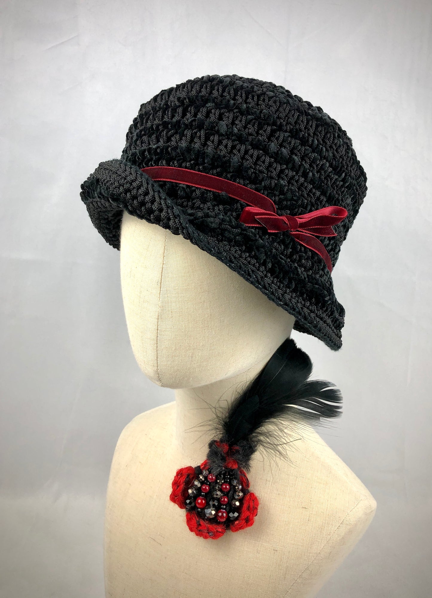 Black velvet bucket/cloche hat