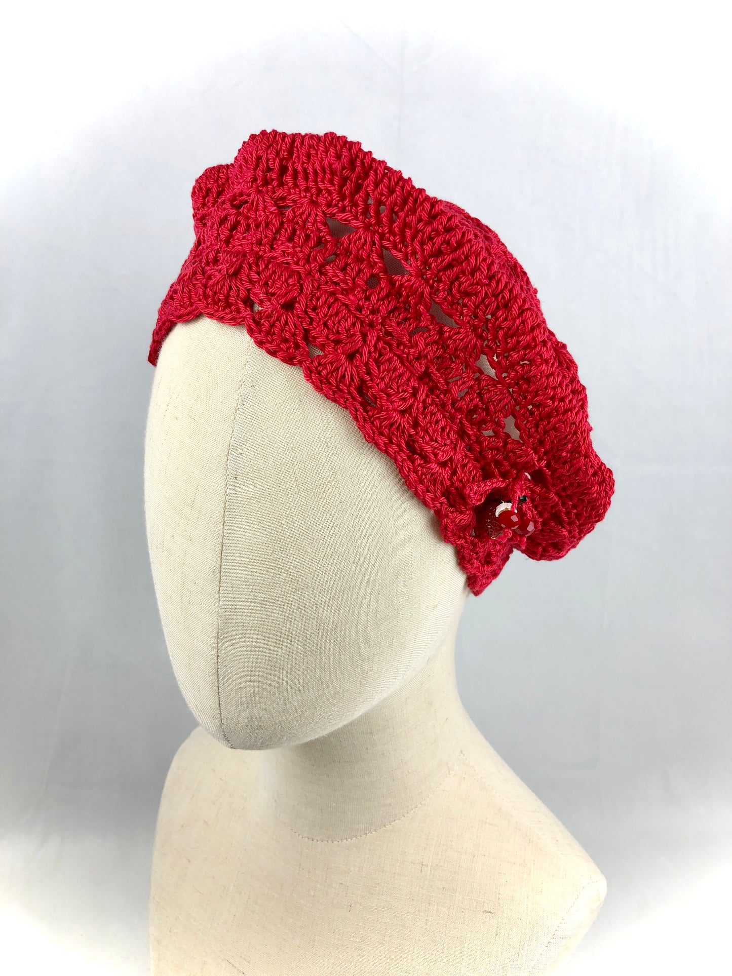 Red lace crochet beret