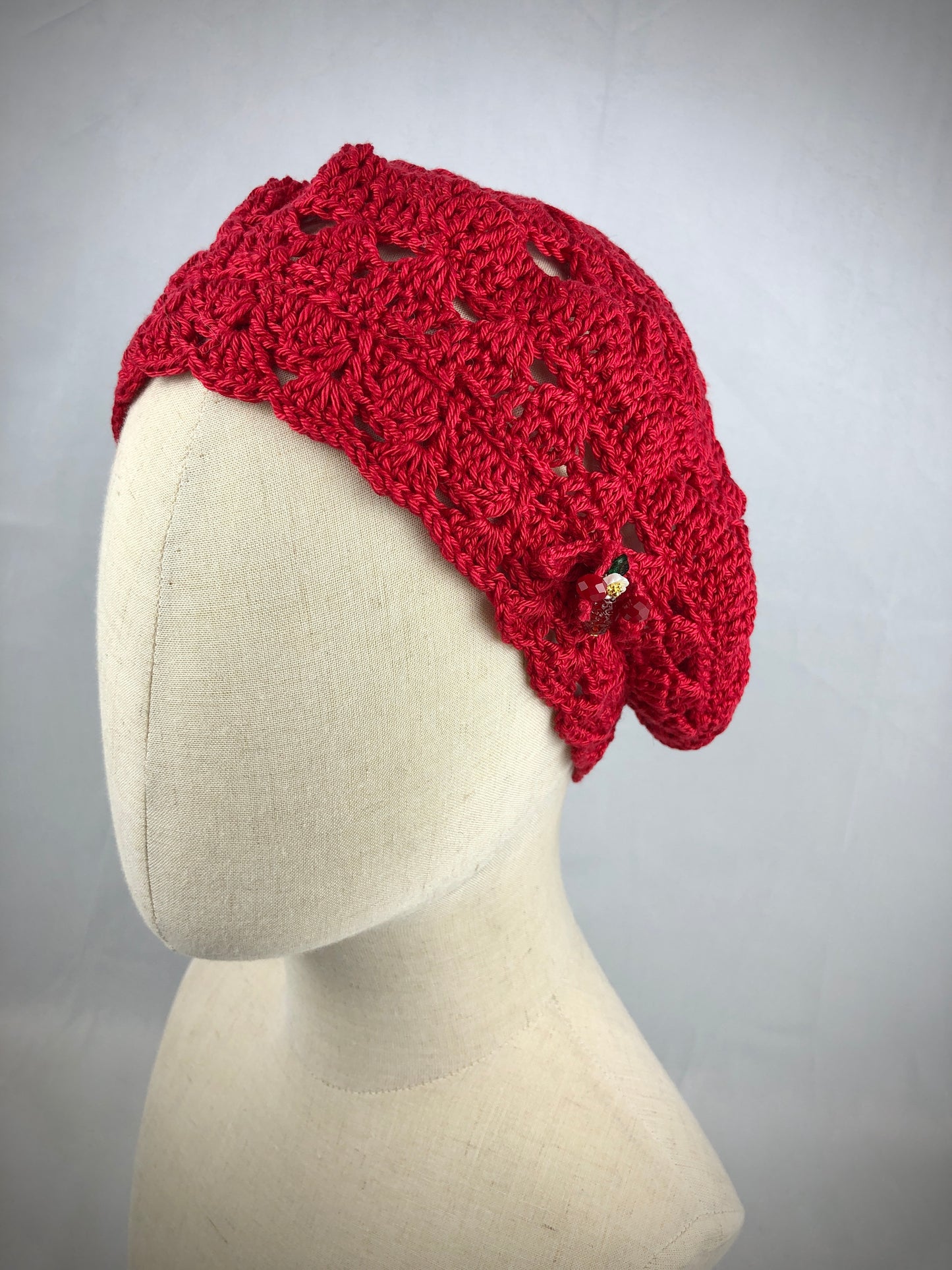 Red lace crochet beret