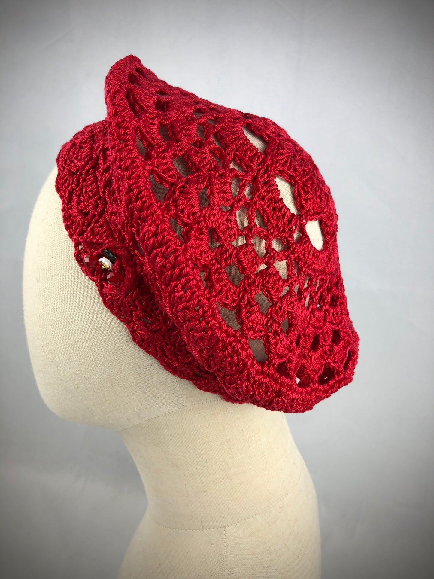 Red lace crochet beret