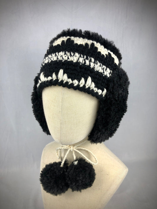 Black white earflaps winter hat