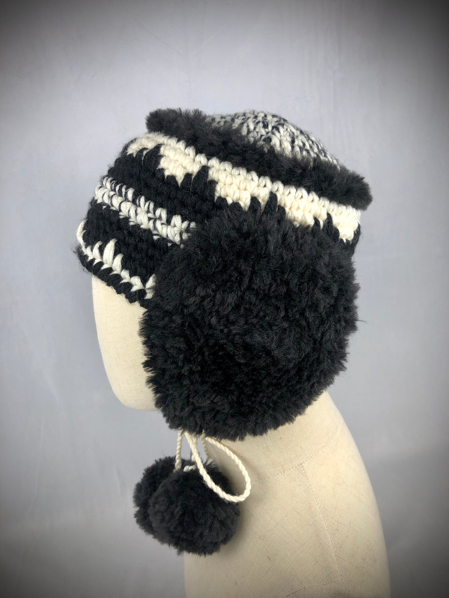 Black white earflaps winter hat