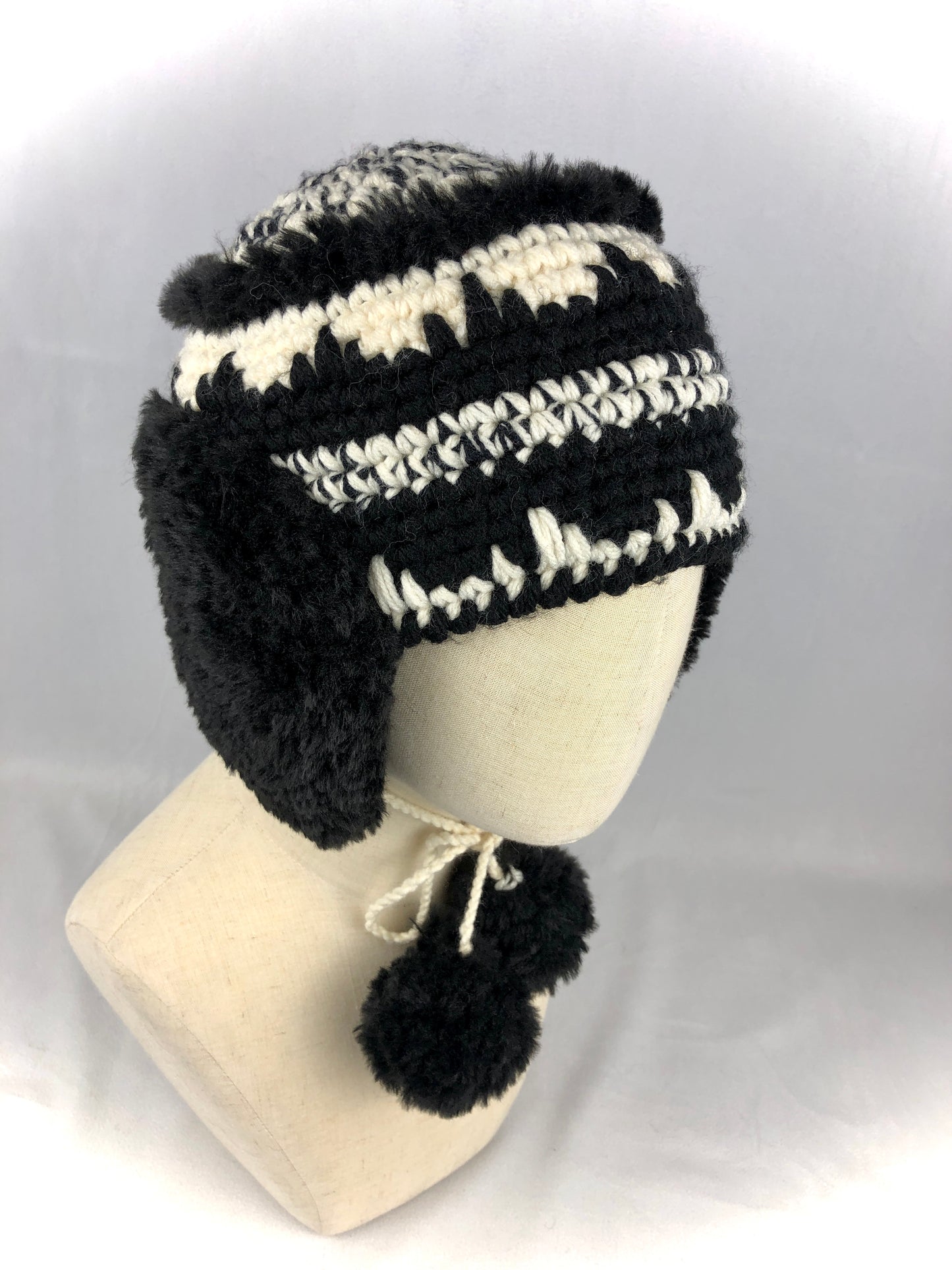 Black white earflaps winter hat