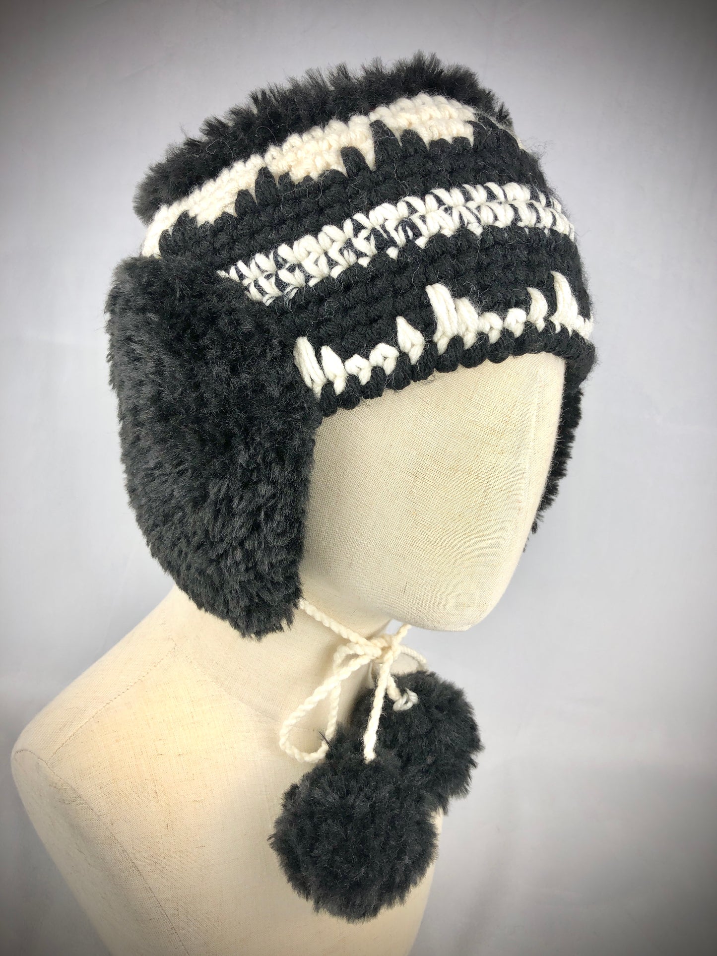 Black white earflaps winter hat